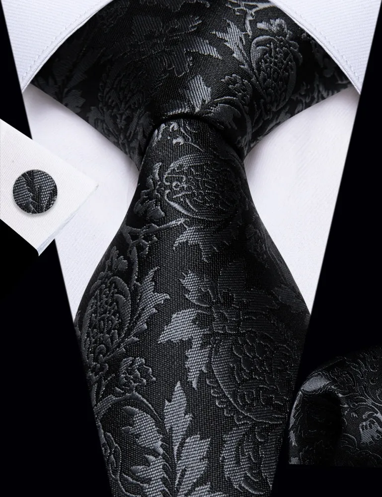 Ties2you Black Tie Floral Men's Necktie Pocket Square Cufflinks Set sold by Ties2You product image thumbnail 2