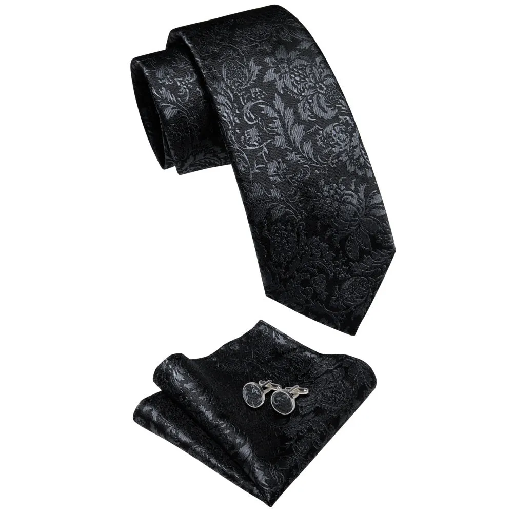 Ties2you Black Tie Floral Men's Necktie Pocket Square Cufflinks Set sold by Ties2You product image thumbnail 4