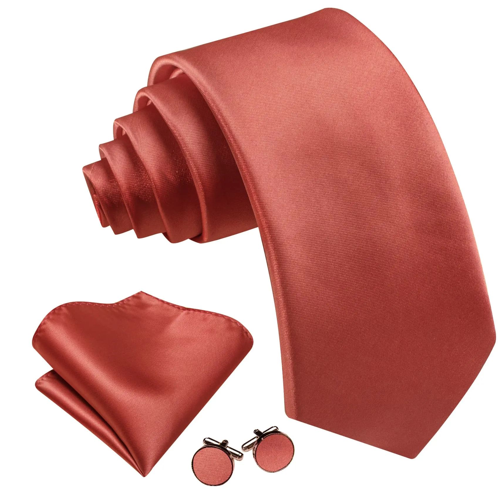 Ties2you Silk Necktie Deep Coral Red Solid Mens Dress Tie Handkerchief Cufflinks Set sold by Ties2You product image thumbnail 2