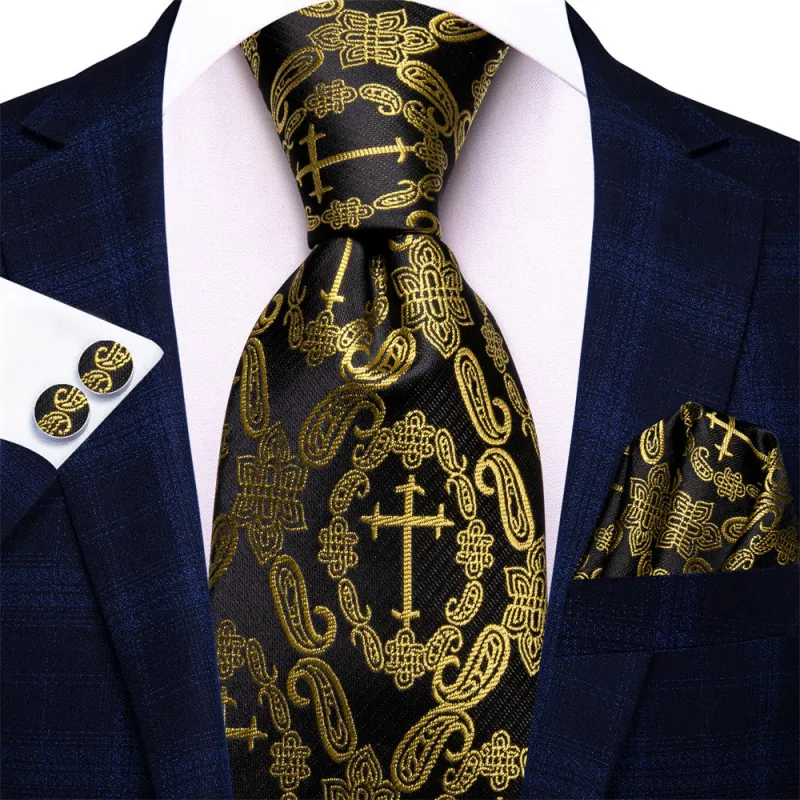 Ties2you Black Gold Crucifixion Tie Mens Silk Paisley Necktie Pocket Square Cufflinks Set sold by Ties2You