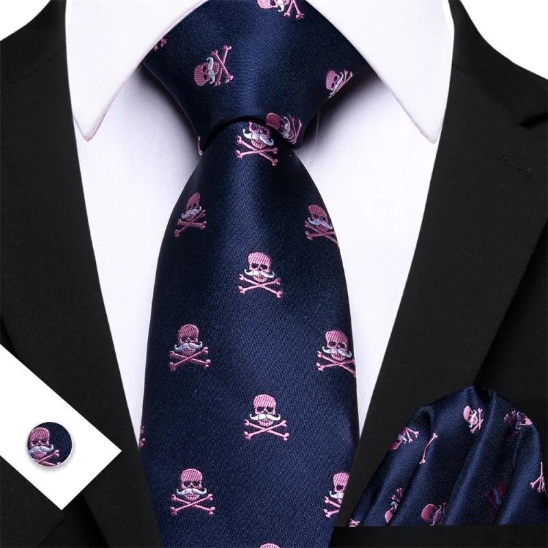 Halloween Blue Necktie Pink Skulls Men's Necktie Hanky Cufflinks Set sold by Ties2You