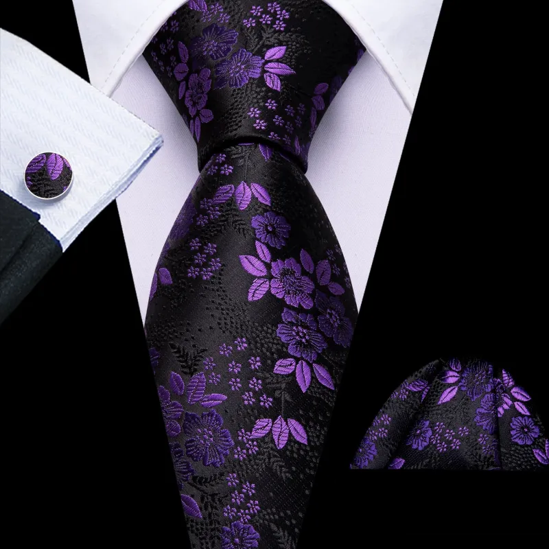 Ties2you Wedding Ties Black Deep Lilac Purple Floral Silk Men's Work Dress Tie Set sold by Ties2You