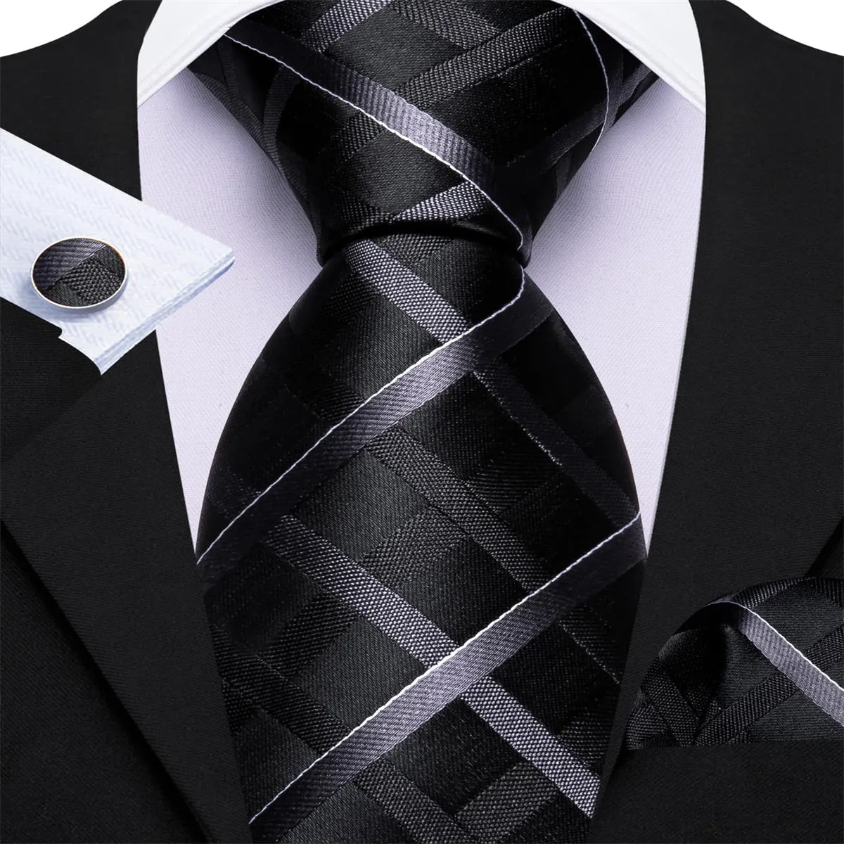 Ties2you Tuxedo Tie Black Grey Striped Silk Mens Work Tie Handkerchief Cufflinks Set sold by Ties2You product image thumbnail 4