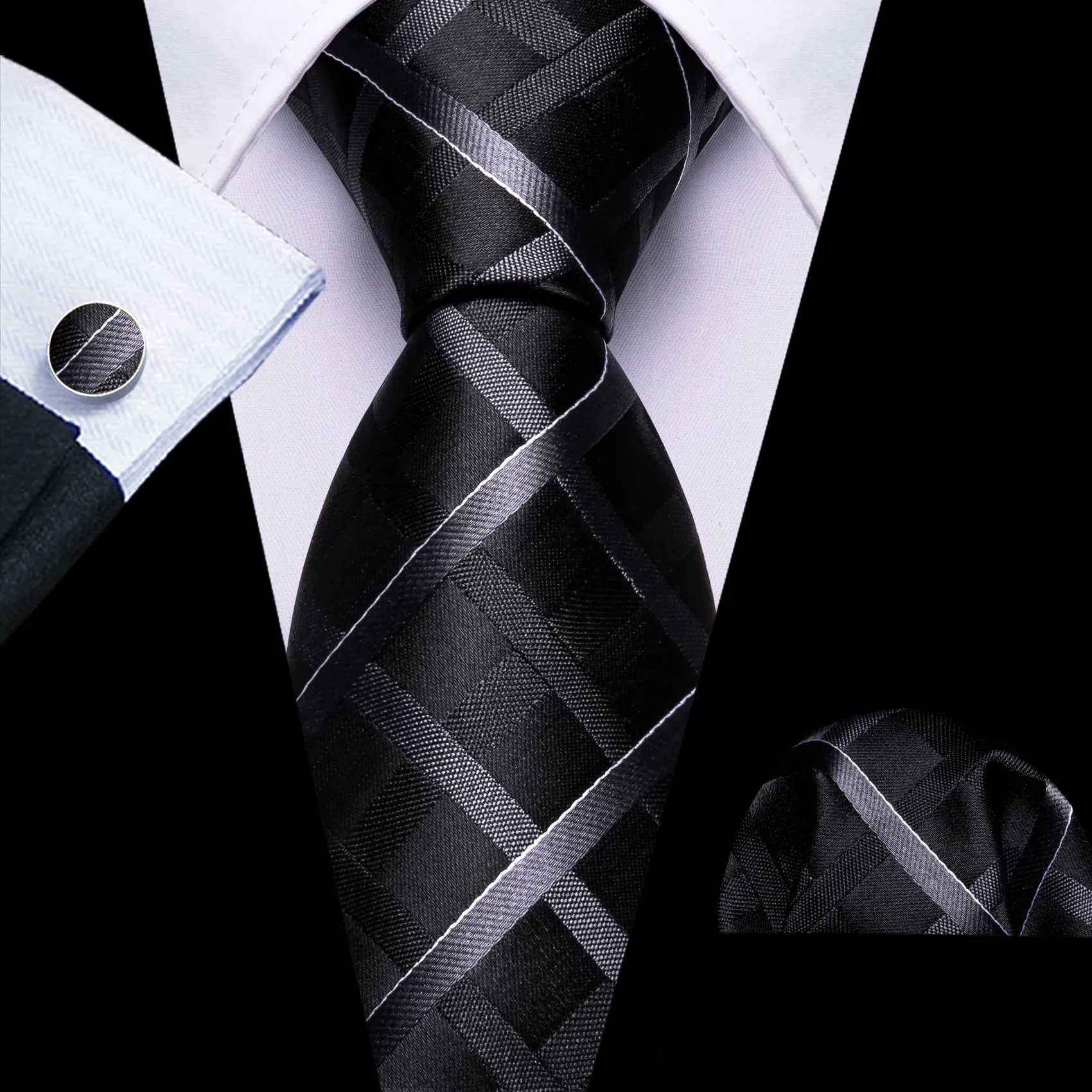 Ties2you Tuxedo Tie Black Grey Striped Silk Mens Work Tie Handkerchief Cufflinks Set sold by Ties2You