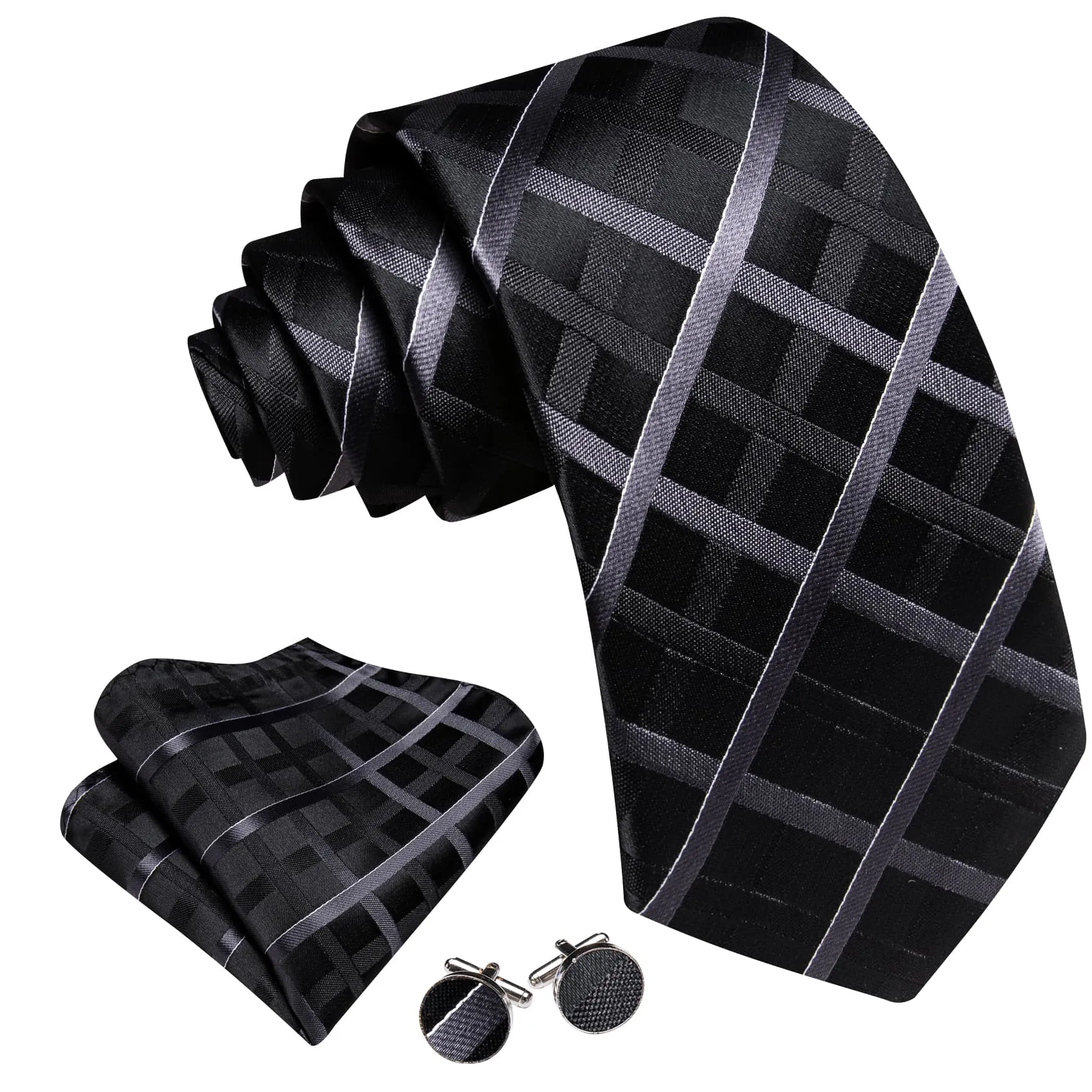 Ties2you Tuxedo Tie Black Grey Striped Silk Mens Work Tie Handkerchief Cufflinks Set sold by Ties2You product image thumbnail 2