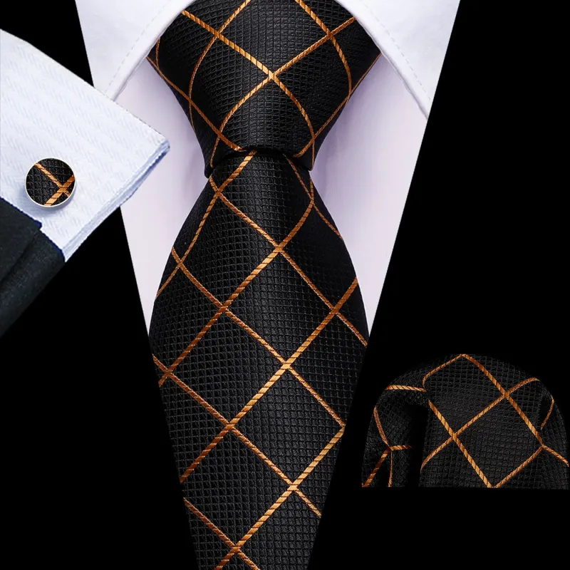 Ties2you Black Tie Gold Plaid Silk Tie Pocket Square Cufflinks Set for Office Dress sold by Ties2You