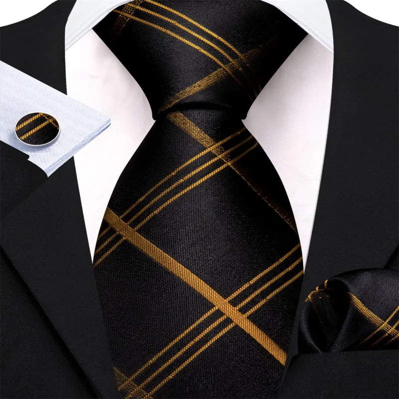 Ties2you Dress Tie Black Yellow Plaid Men's Silk Tie Hanky Cufflinks Set sold by Ties2You