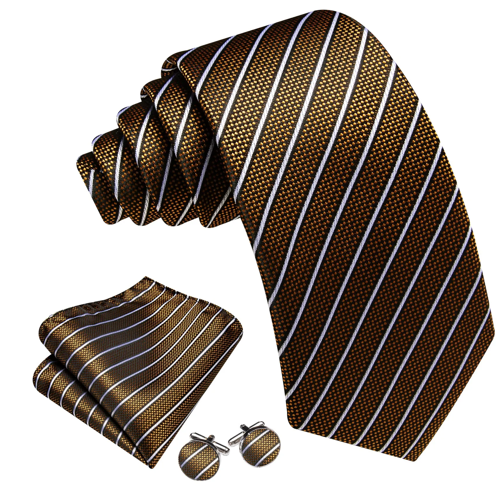 Ties2you Dress Tie Gold Striped Men's Silk Tie Hanky Cufflinks Set sold by Ties2You product image thumbnail 2