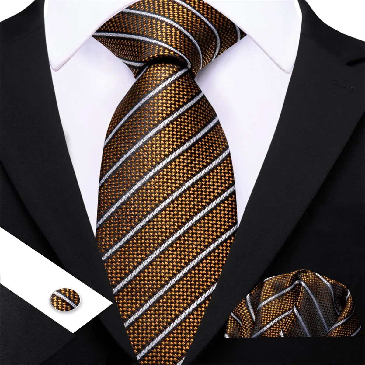 Ties2you Dress Tie Gold Striped Men's Silk Tie Hanky Cufflinks Set sold by Ties2You product image thumbnail 3