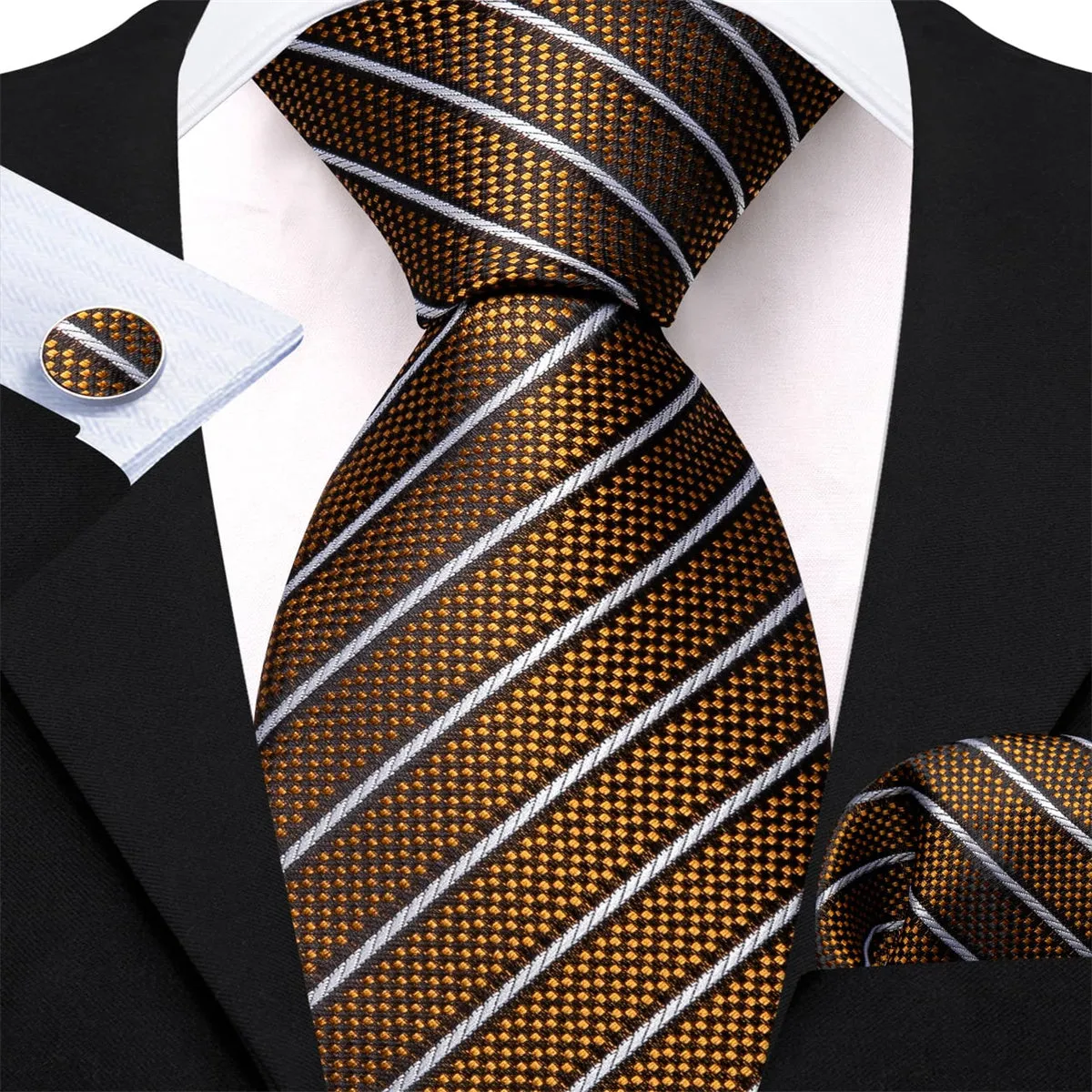 Ties2you Dress Tie Gold Striped Men's Silk Tie Hanky Cufflinks Set sold by Ties2You