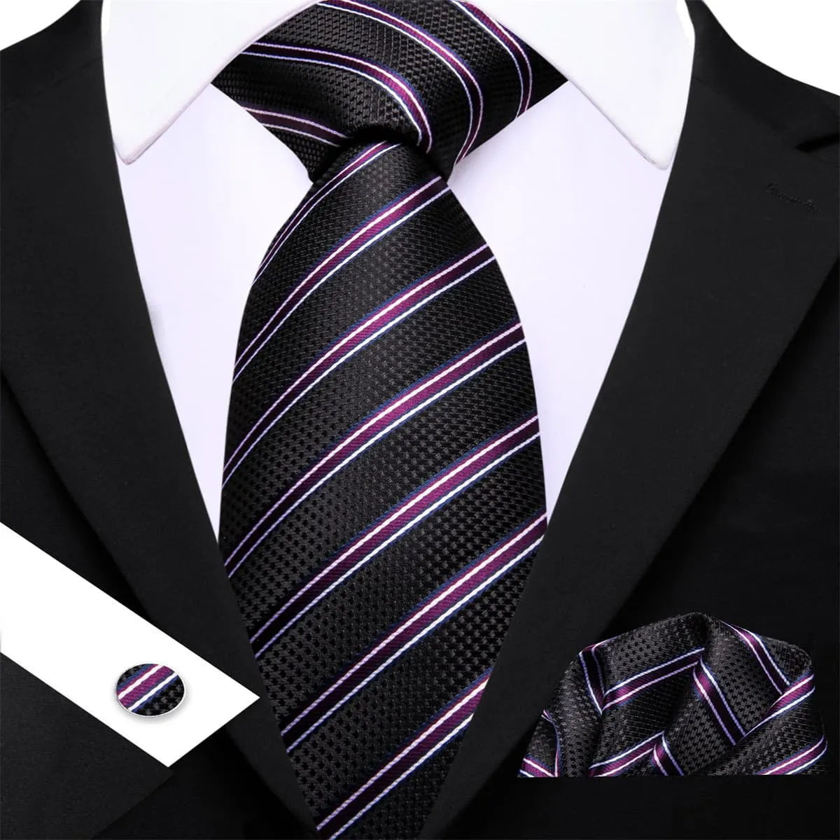 Ties2you Silk Tie Classic Black Striped Mens Tie Hanky Cufflinks Set sold by Ties2You product image thumbnail 3