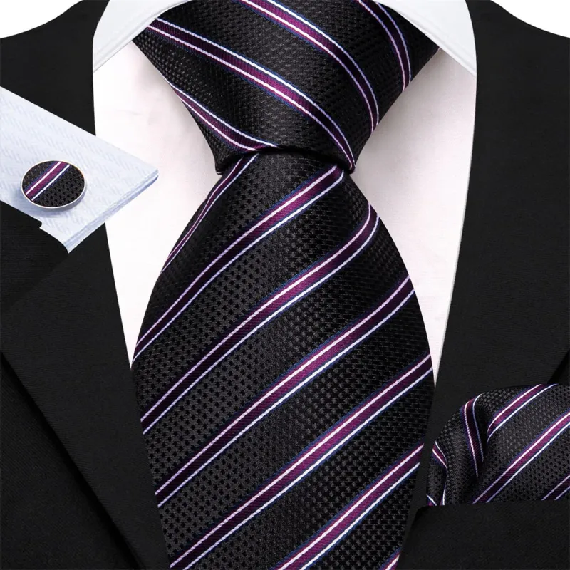 Ties2you Silk Tie Classic Black Striped Mens Tie Hanky Cufflinks Set made by Ties2You