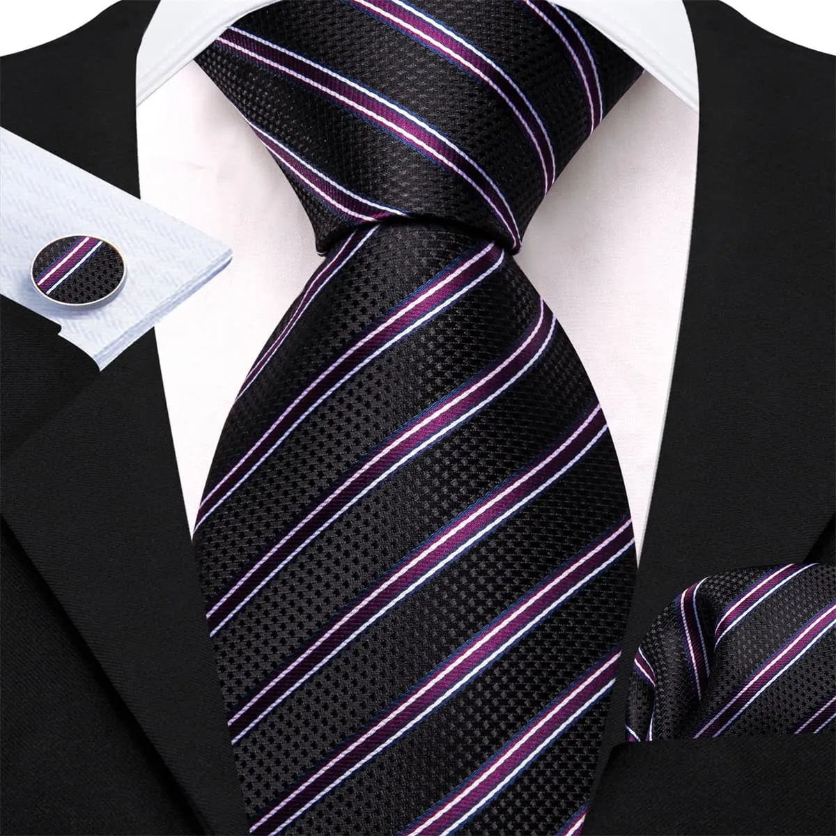 Ties2you Silk Tie Classic Black Striped Mens Tie Hanky Cufflinks Set sold by Ties2You