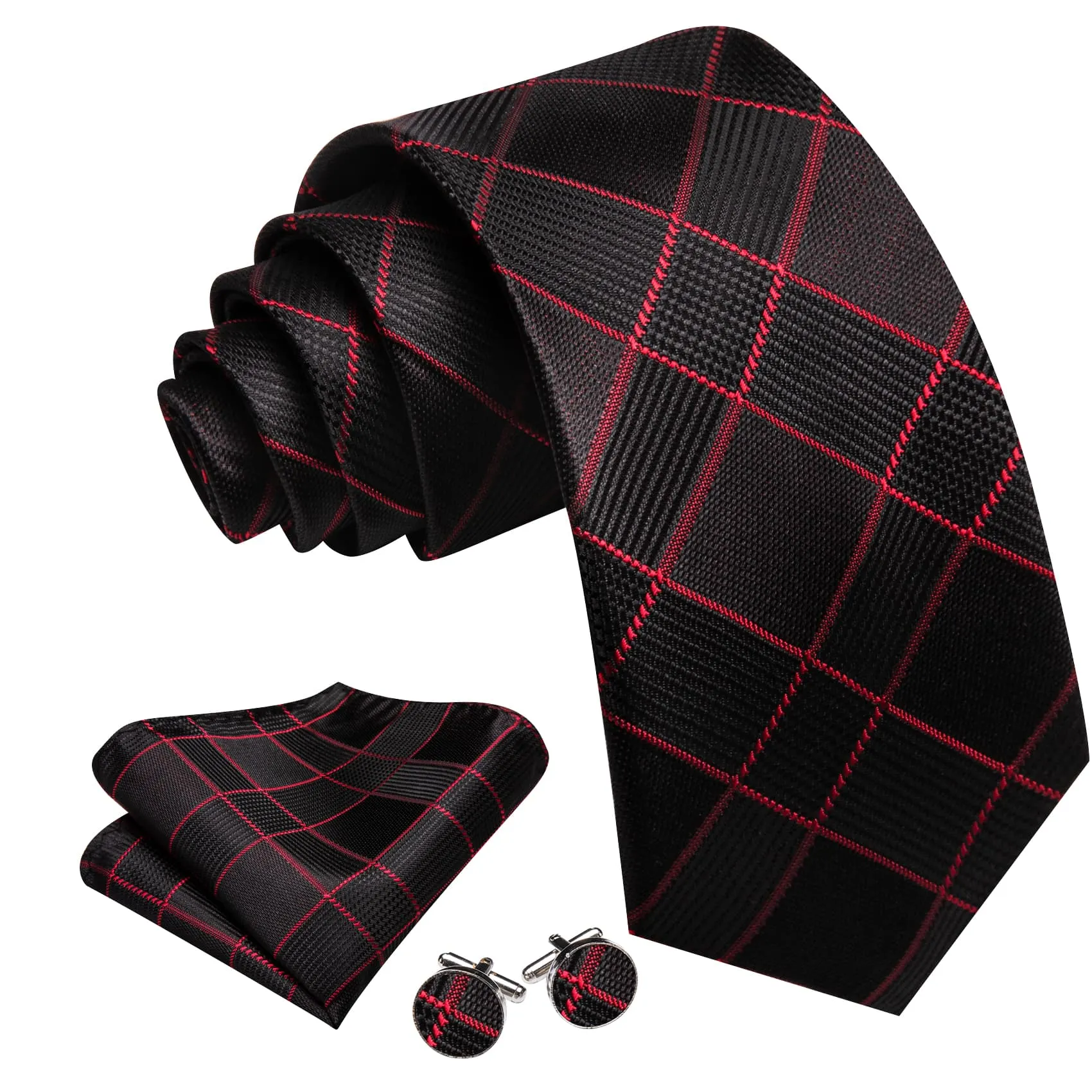 Ties2you Silk Tie Black Red Plaid Men's Tie Handkerchief Cufflinks Set sold by Ties2You product image thumbnail 2