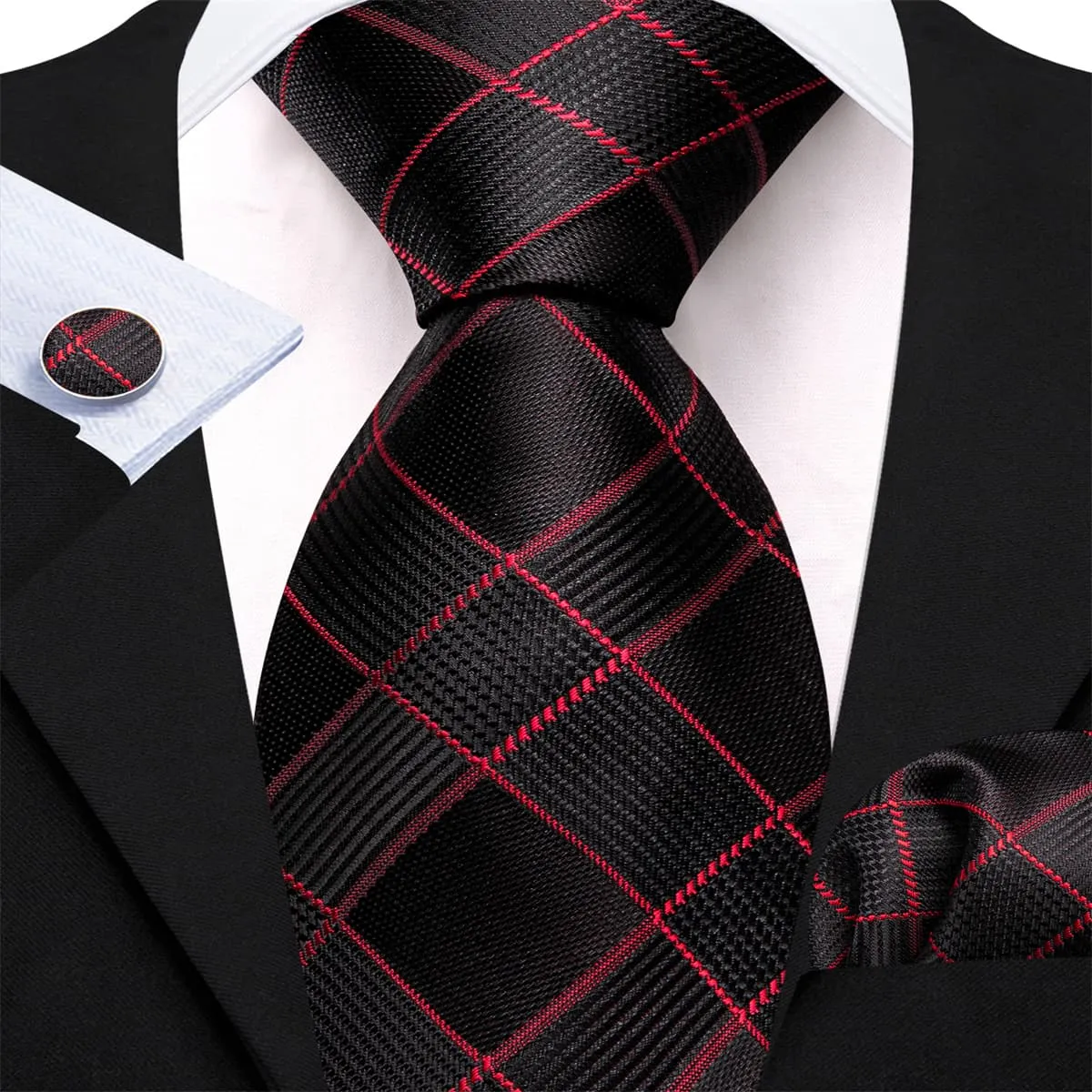 Ties2you Silk Tie Black Red Plaid Men's Tie Handkerchief Cufflinks Set sold by Ties2You