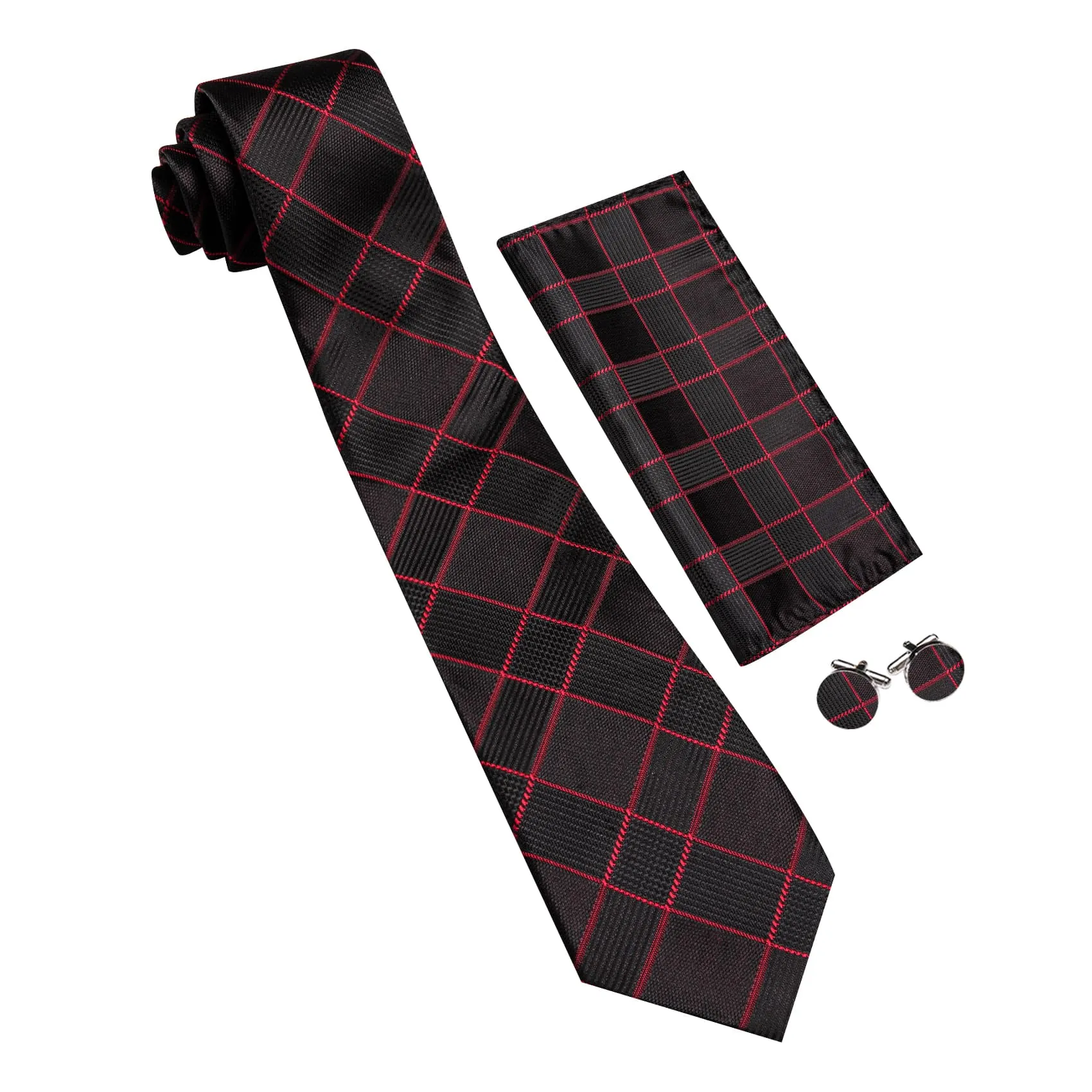 Ties2you Silk Tie Black Red Plaid Men's Tie Handkerchief Cufflinks Set sold by Ties2You product image thumbnail 5