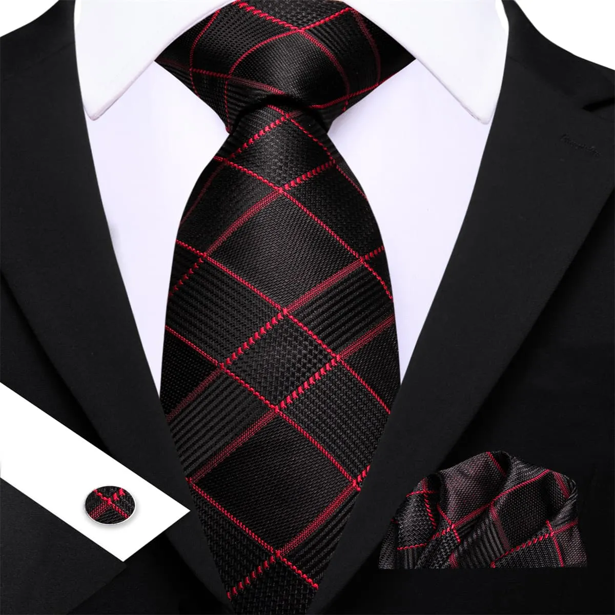 Ties2you Silk Tie Black Red Plaid Men's Tie Handkerchief Cufflinks Set sold by Ties2You product image thumbnail 3