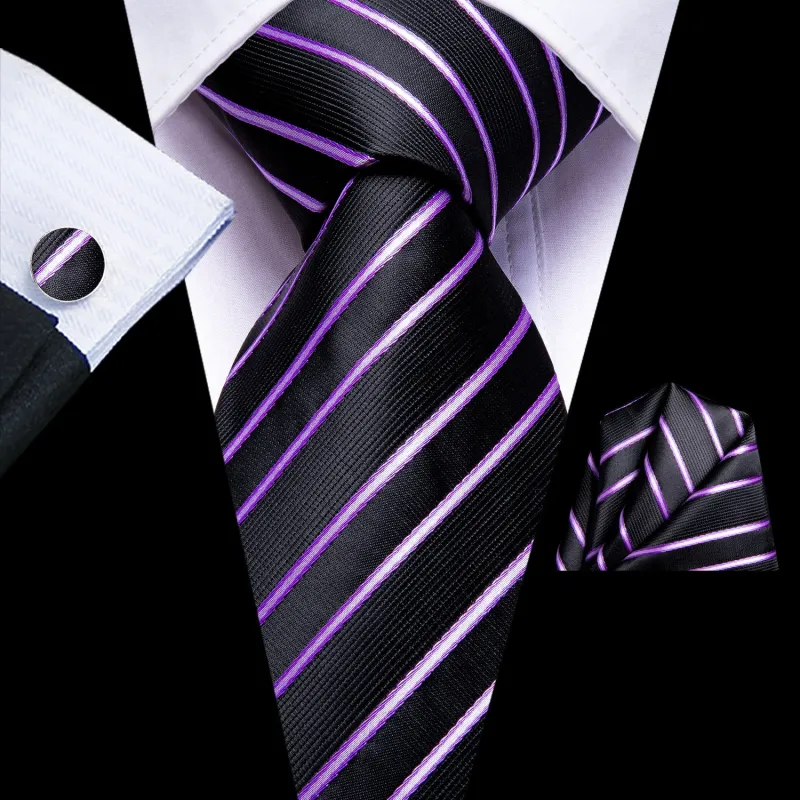 Black Purple Striped Men's 63 Inches Extra Length Tie Handkerchief Cufflinks Set sold by Ties2You
