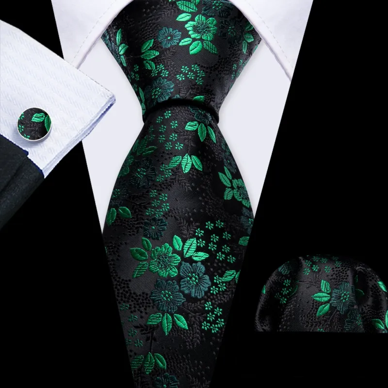 Black Green Little Flower Men's Necktie Pocket Square Cufflinks Set sold by Ties2You