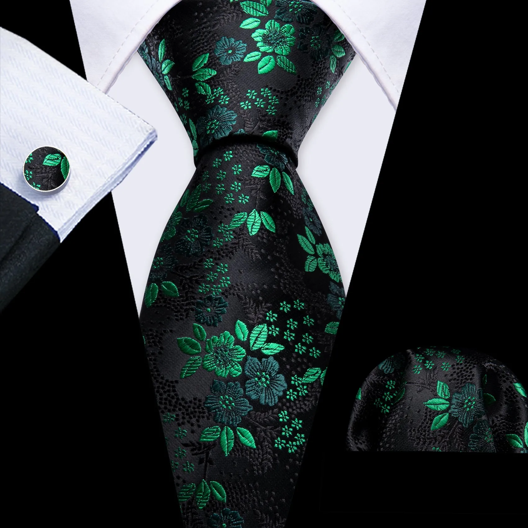 Black Green Little Flower Men's Necktie Pocket Square Cufflinks Set sold by Ties2You