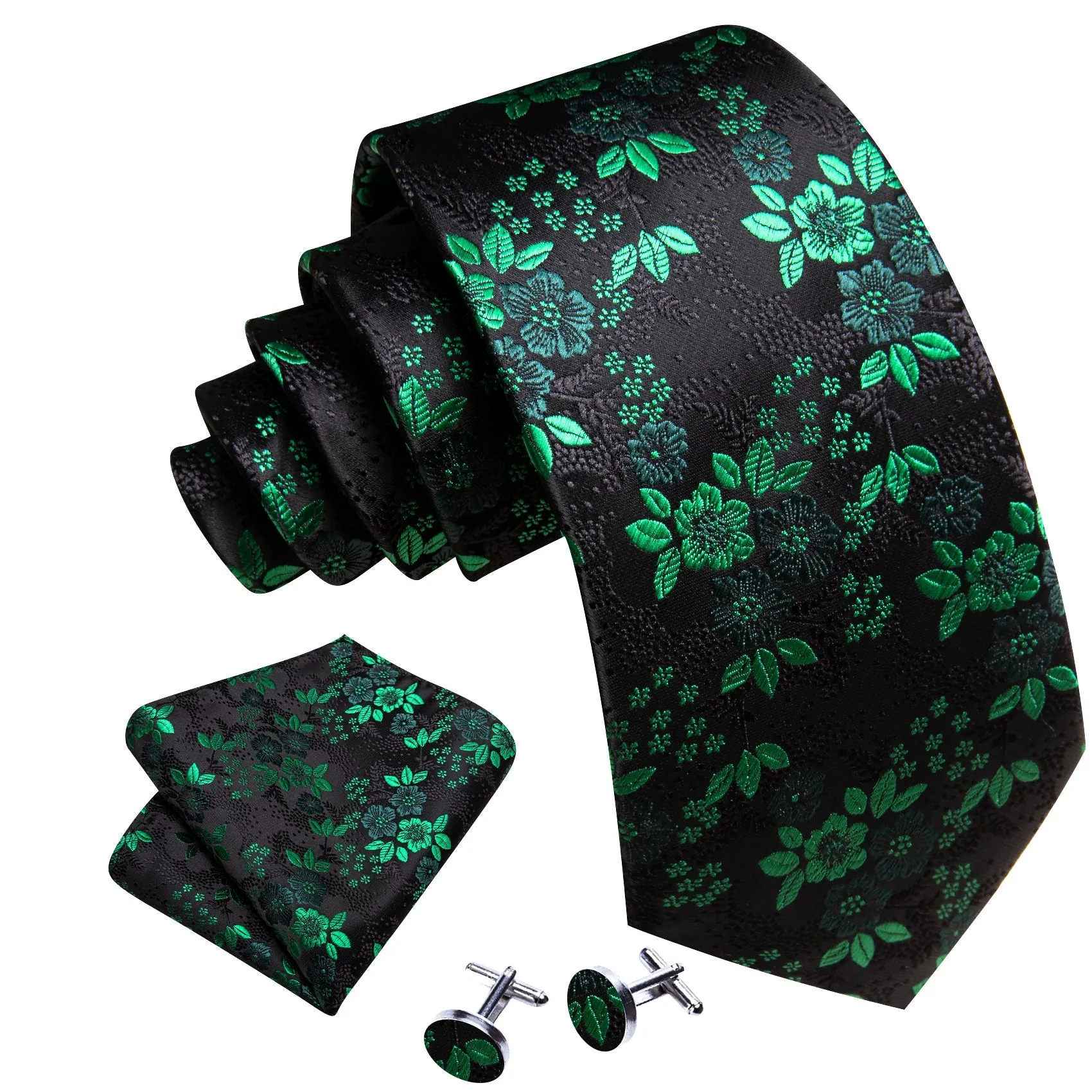 Black Green Little Flower Men's Necktie Pocket Square Cufflinks Set sold by Ties2You product image thumbnail 2