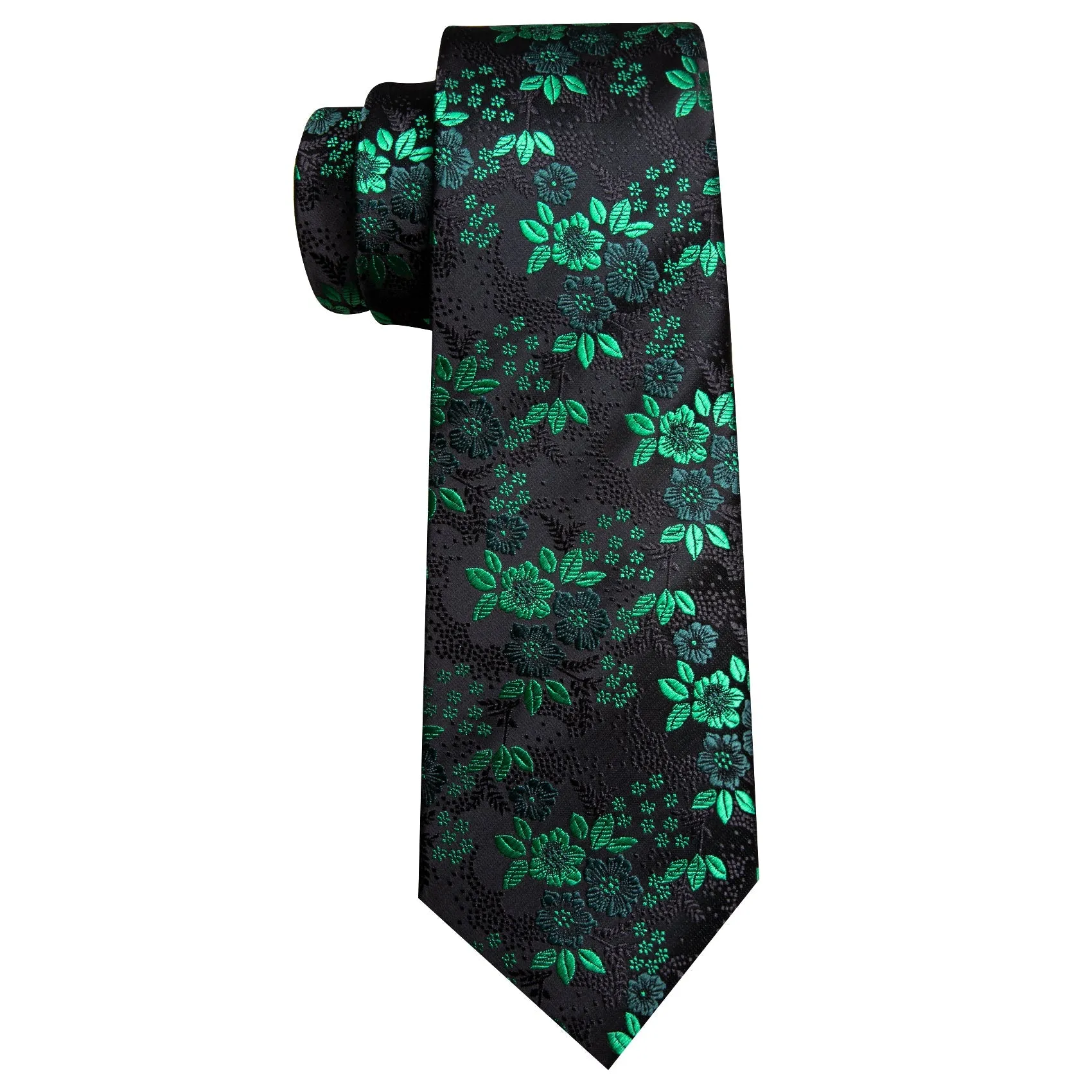 Black Green Little Flower Men's Necktie Pocket Square Cufflinks Set sold by Ties2You product image thumbnail 4