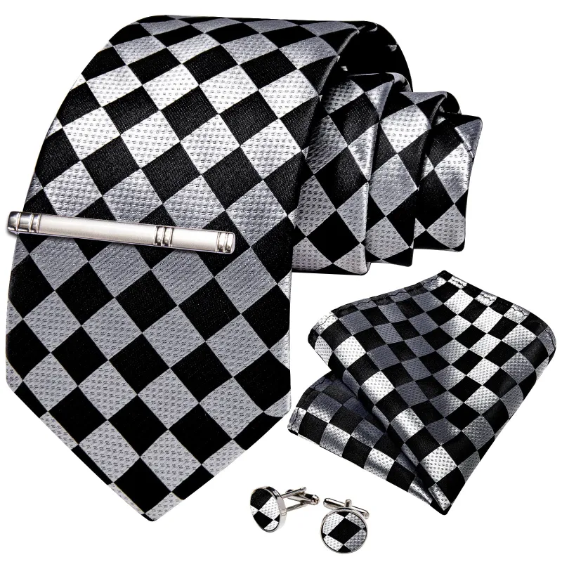 Black Silver Plaid Silk Men's Necktie Pocket Square Cufflinks Set with Clip made by Ties2You