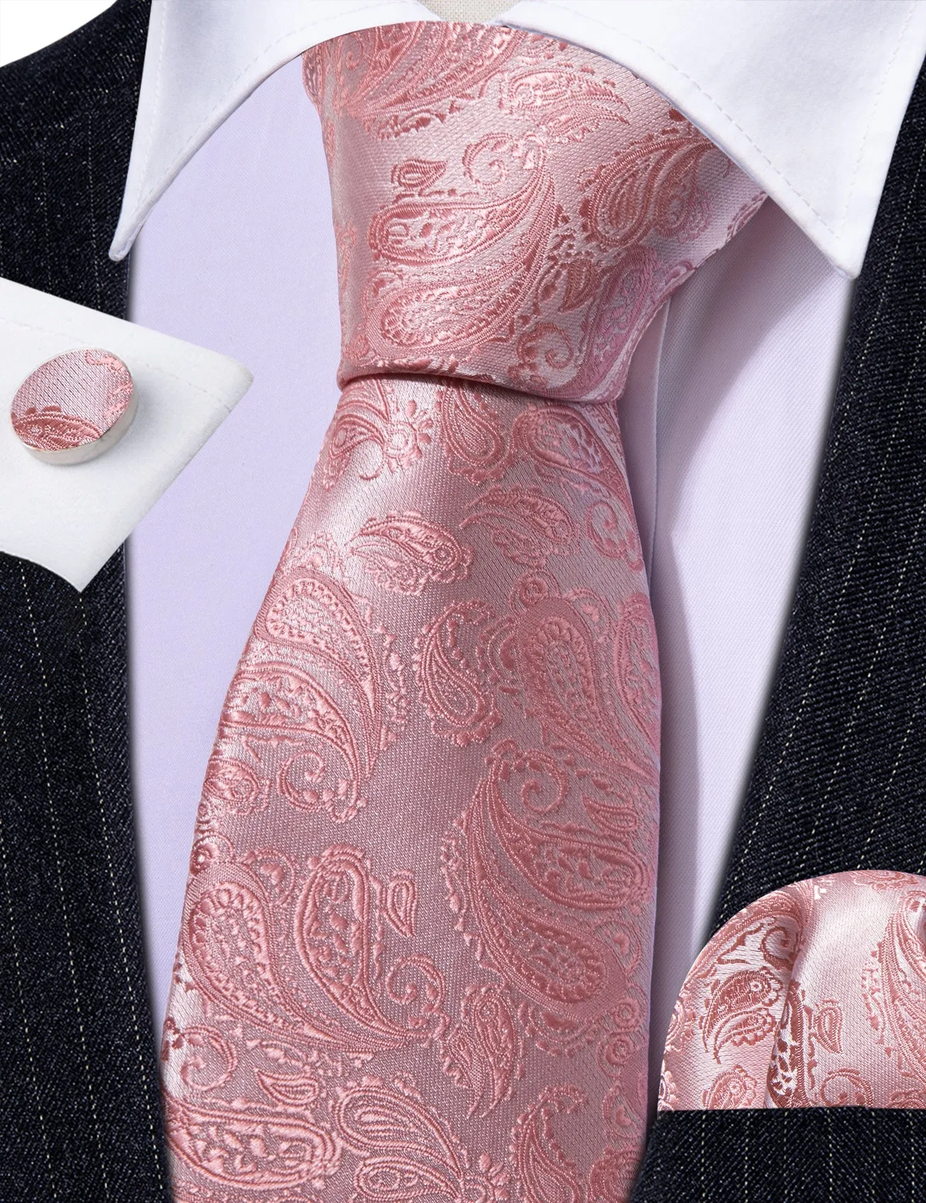 Pink Paisley Men's 63 Inches Extra Length Tie Pocket Square Cufflinks Set sold by Ties2You product image thumbnail 5