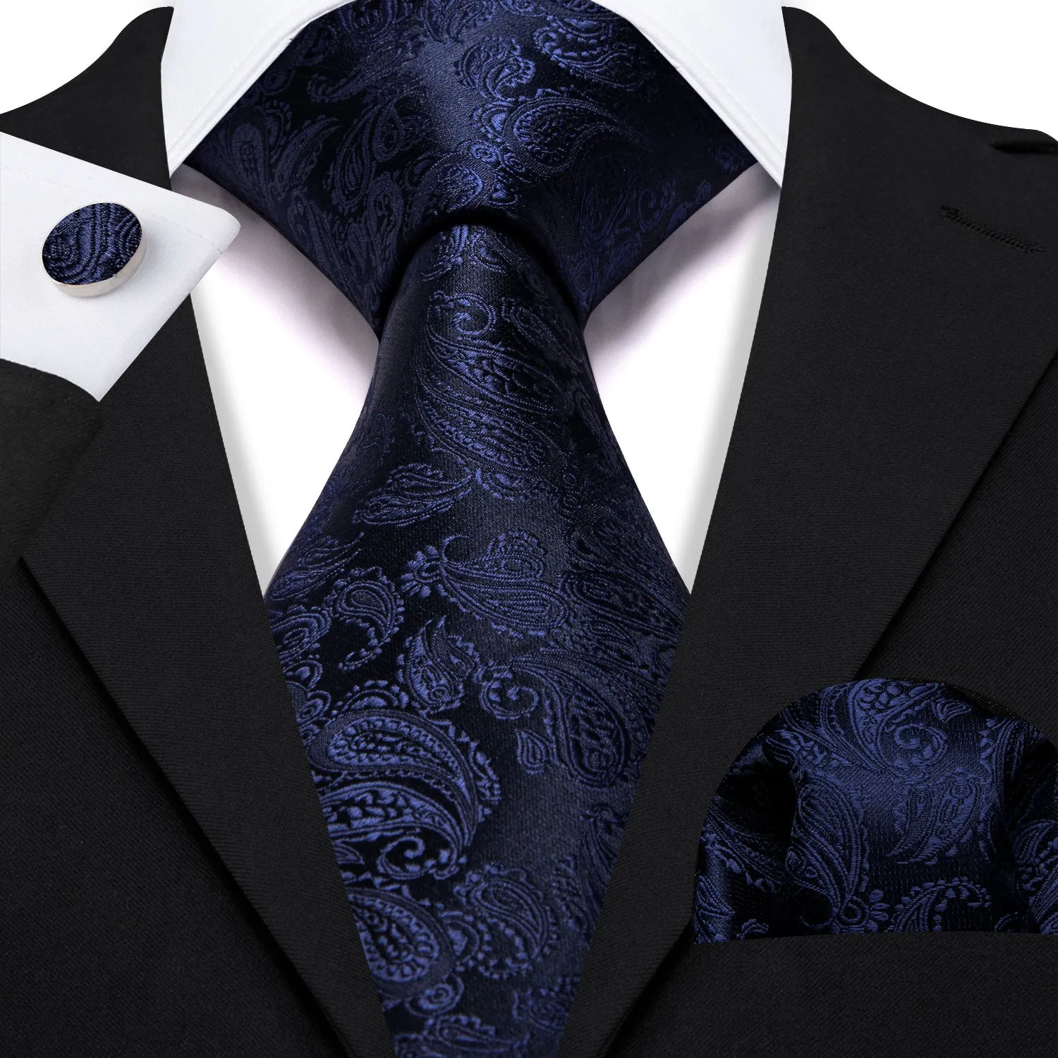 Navy Blue Paisley Men's 63 Inches Extra Length Tie Handkerchief Cufflinks Set sold by Ties2You product image thumbnail 2