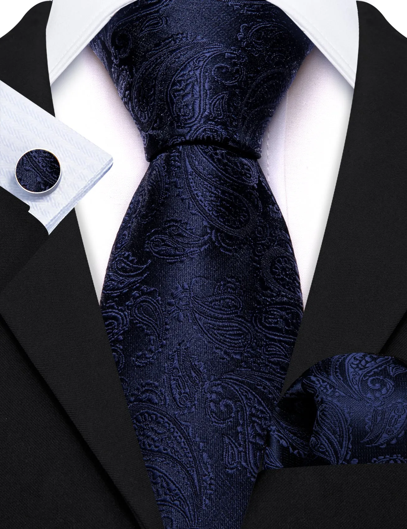 Navy Blue Paisley Men's 63 Inches Extra Length Tie Handkerchief Cufflinks Set sold by Ties2You product image thumbnail 3