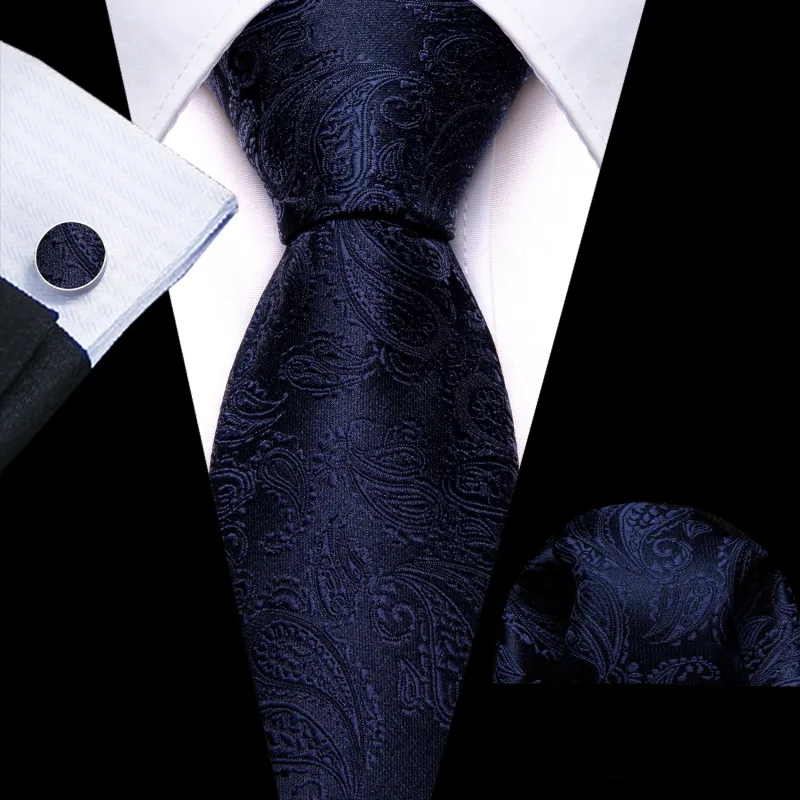 Navy Blue Paisley Men's 63 Inches Extra Length Tie Handkerchief Cufflinks Set sold by Ties2You