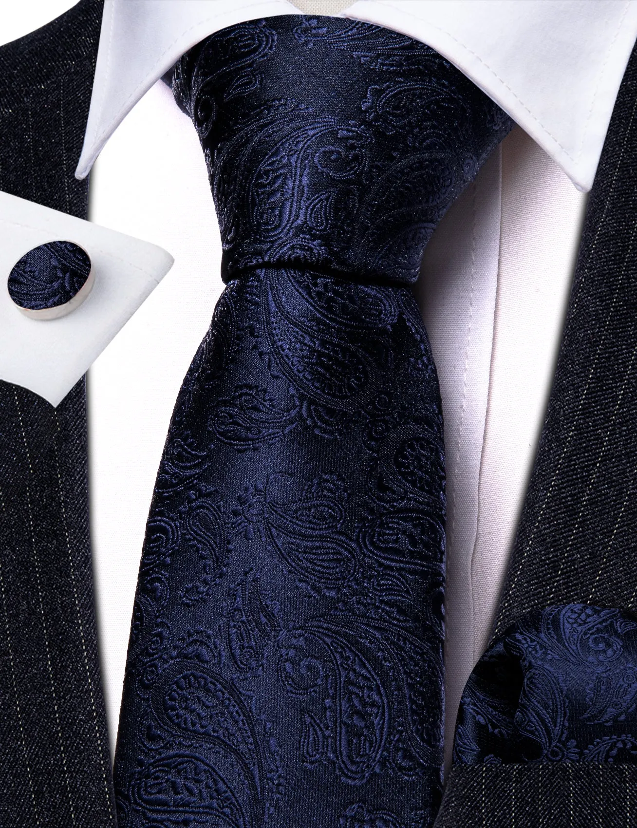 Navy Blue Paisley Men's 63 Inches Extra Length Tie Handkerchief Cufflinks Set sold by Ties2You product image thumbnail 4