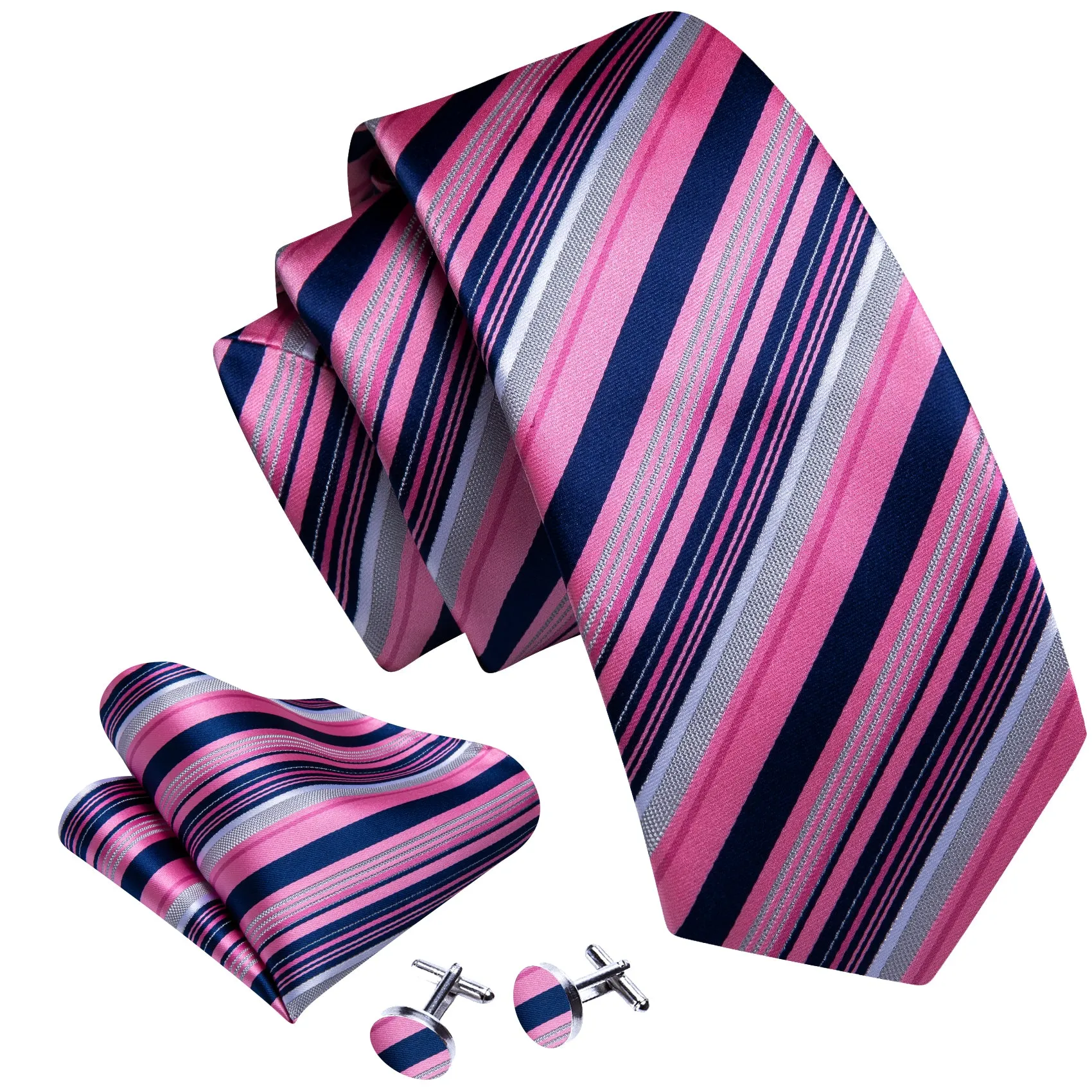 Pink Navy Grey Striped Men's Tie Hanky Cufflinks Set sold by Ties2You product image thumbnail 2