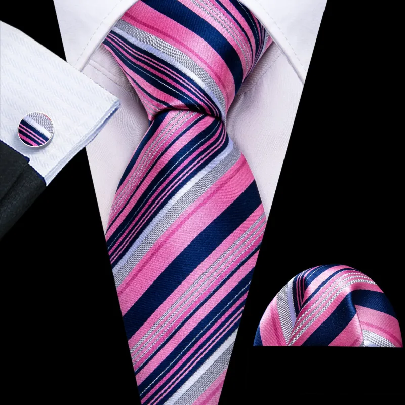Pink Navy Grey Striped Men's Tie Hanky Cufflinks Set sold by Ties2You
