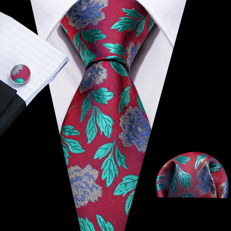Red Blue Floral Silk Tie Pocket Square Cufflinks Set sold by Ties2You