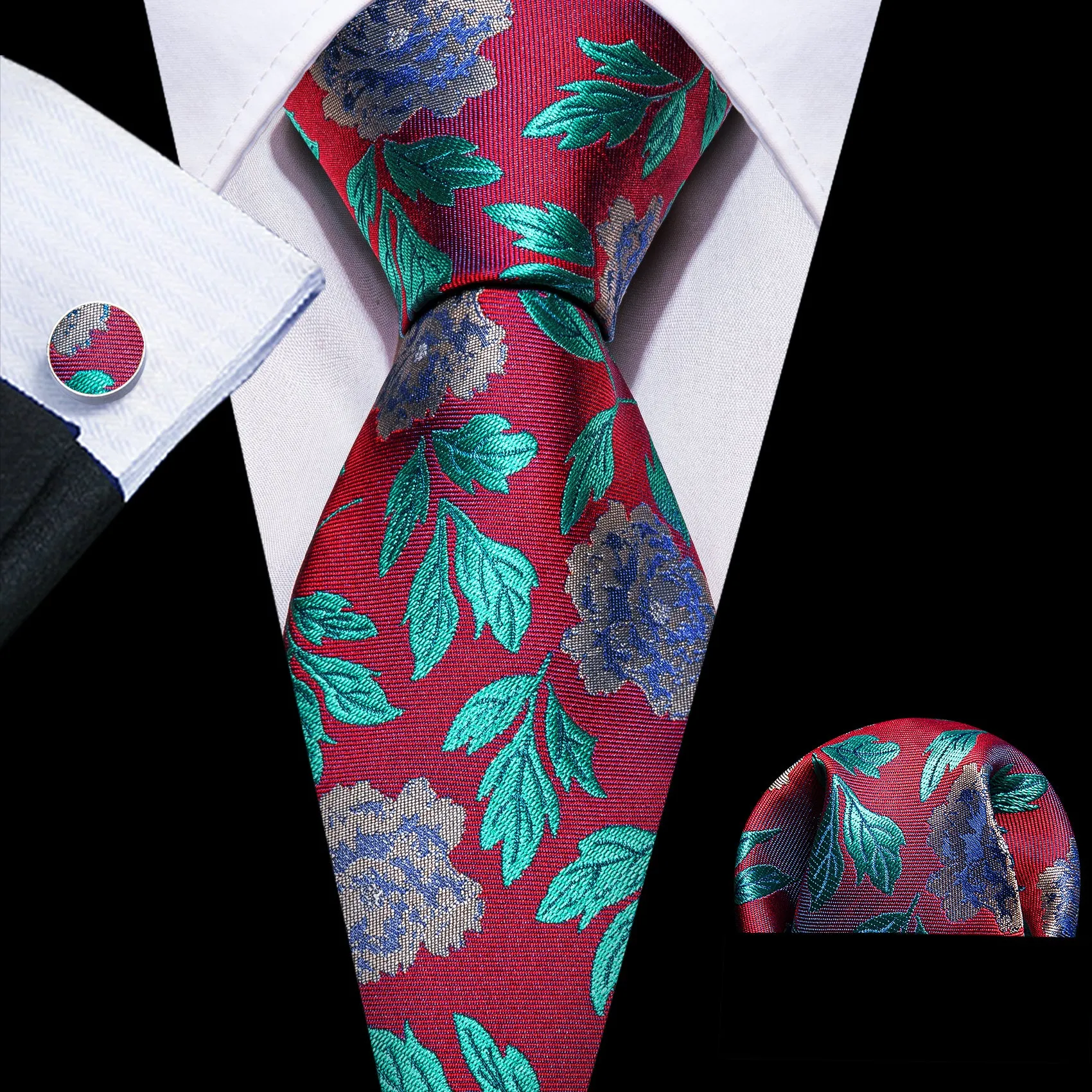 Red Blue Floral Silk Tie Pocket Square Cufflinks Set sold by Ties2You