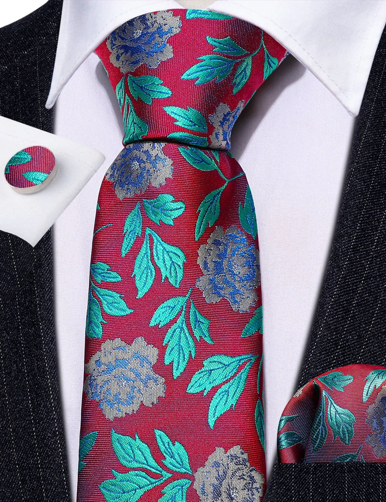 Red Blue Floral Silk Tie Pocket Square Cufflinks Set sold by Ties2You product image thumbnail 4