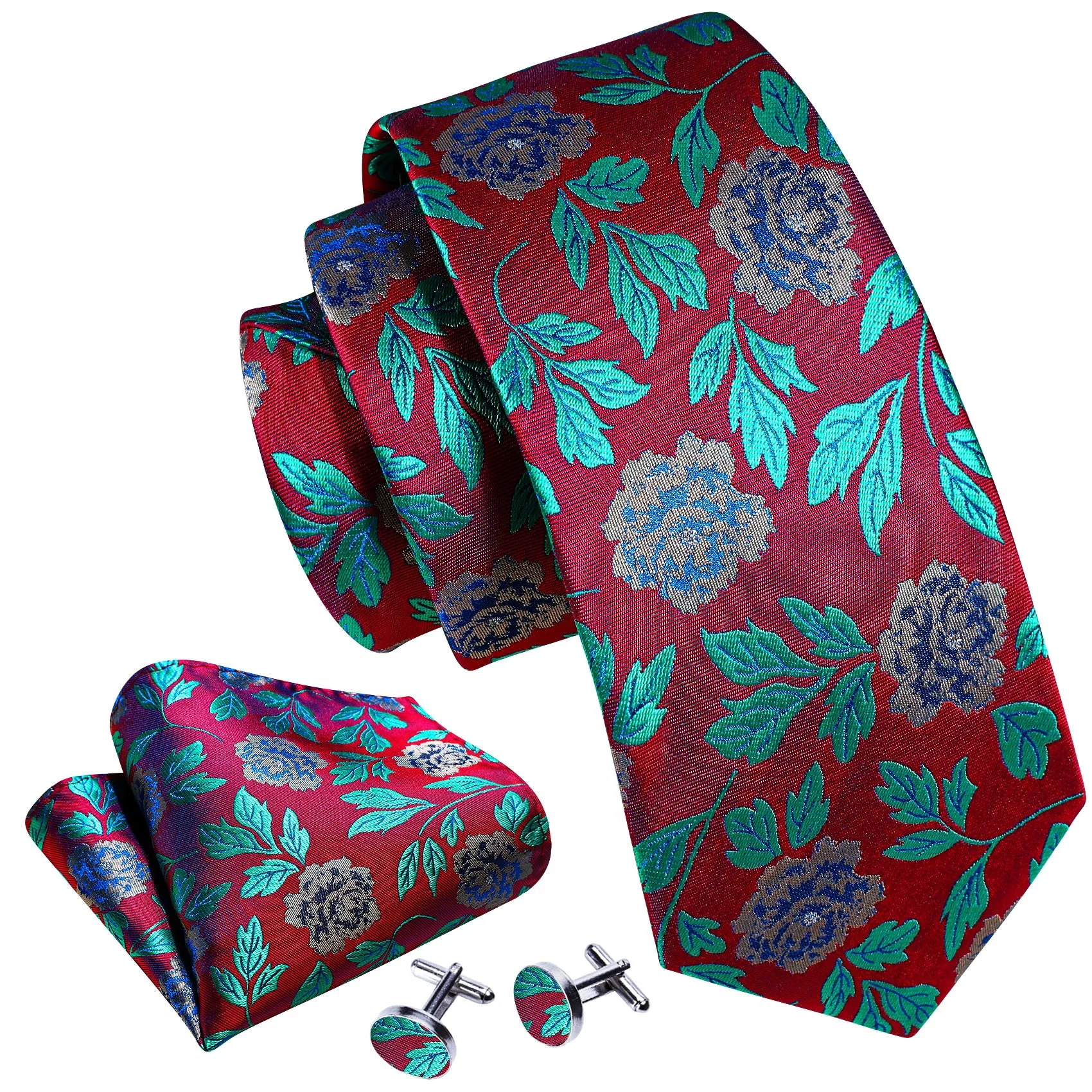 Red Blue Floral Silk Tie Pocket Square Cufflinks Set sold by Ties2You product image thumbnail 2