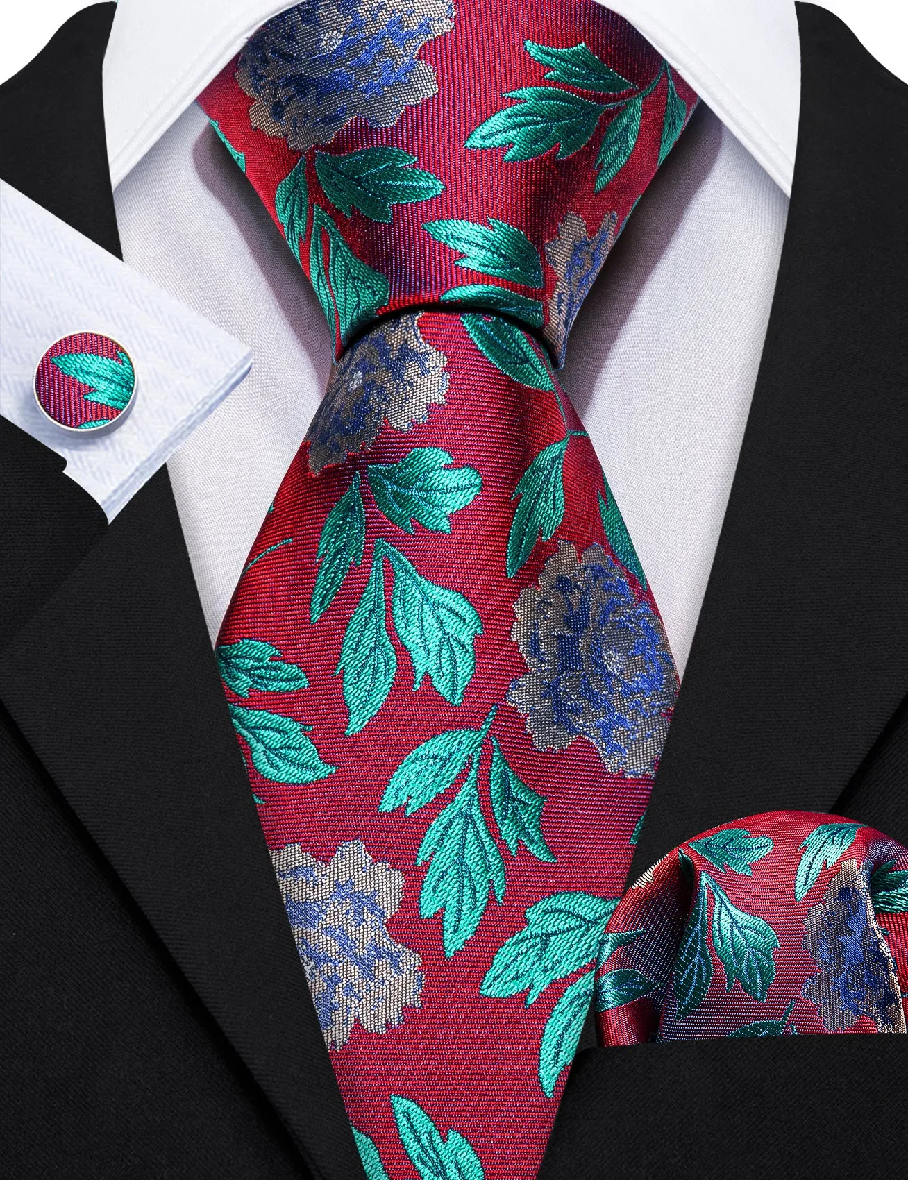 Red Blue Floral Silk Tie Pocket Square Cufflinks Set sold by Ties2You product image thumbnail 3