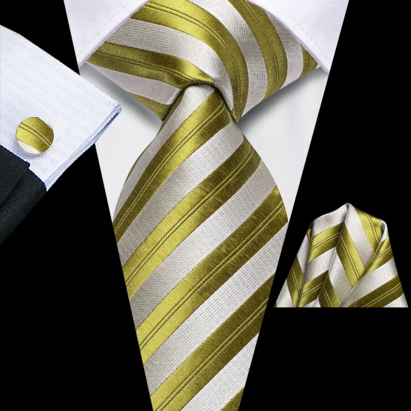 Silver Yellow Green Striped Tie Pocket Square Cufflinks Set sold by Ties2You