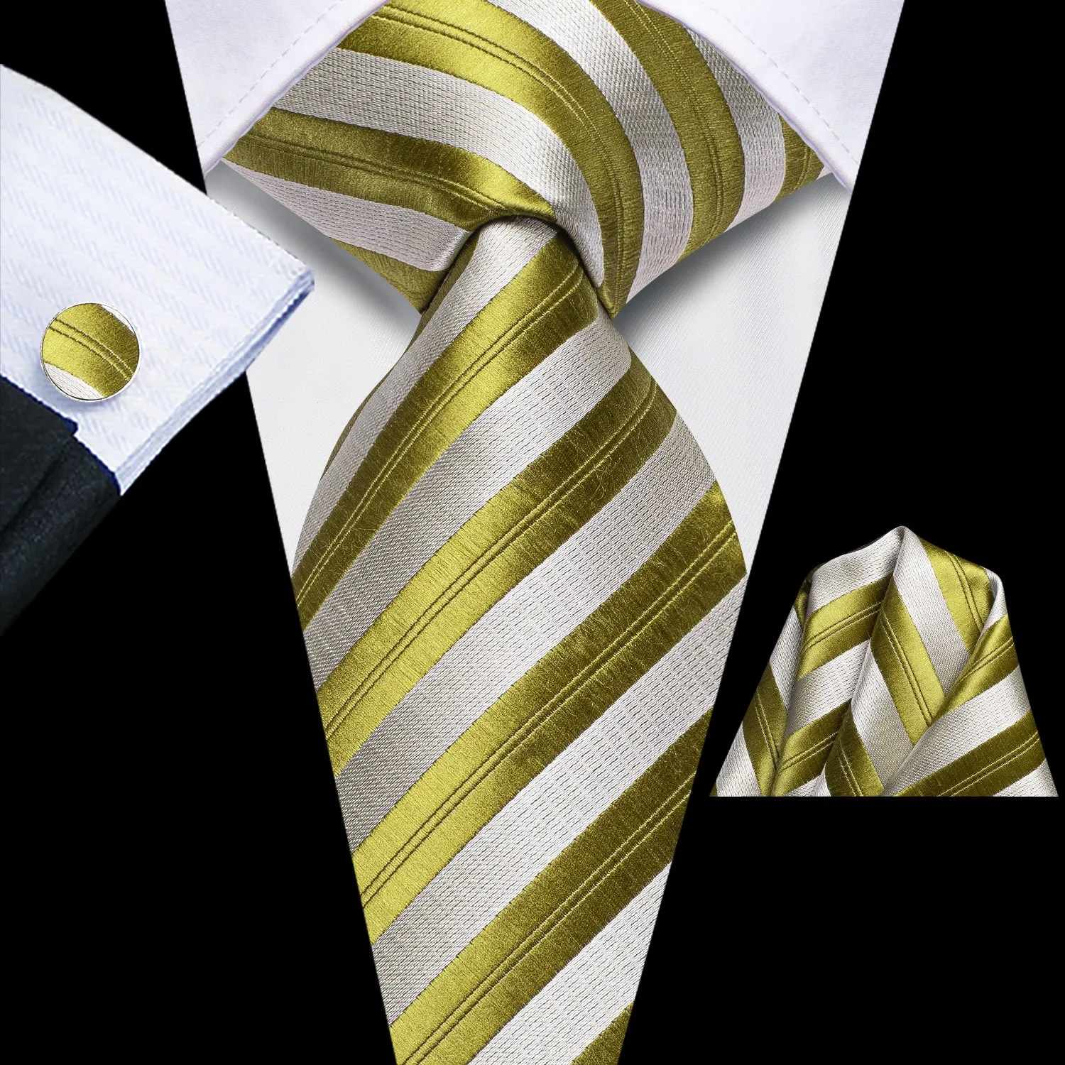 Silver Yellow Green Striped Tie Pocket Square Cufflinks Set sold by Ties2You