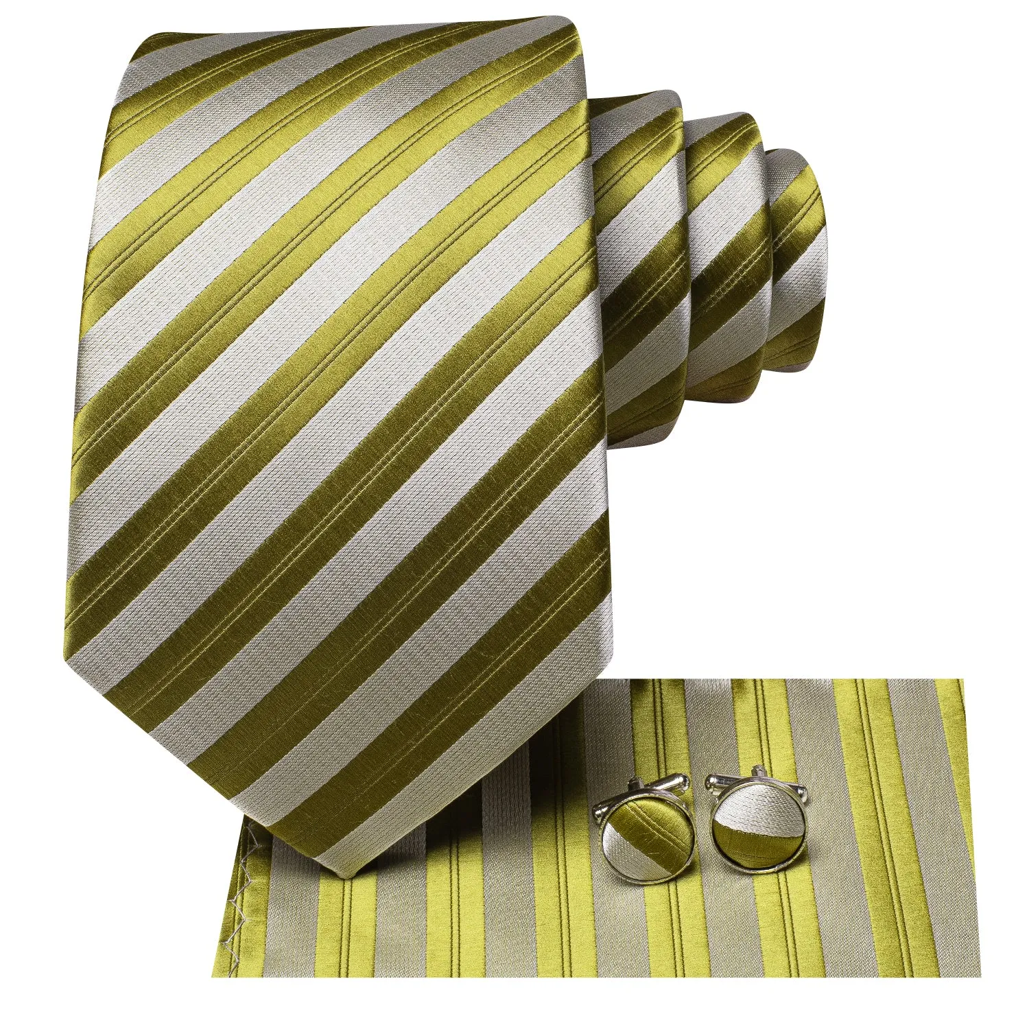 Silver Yellow Green Striped Tie Pocket Square Cufflinks Set sold by Ties2You product image thumbnail 2