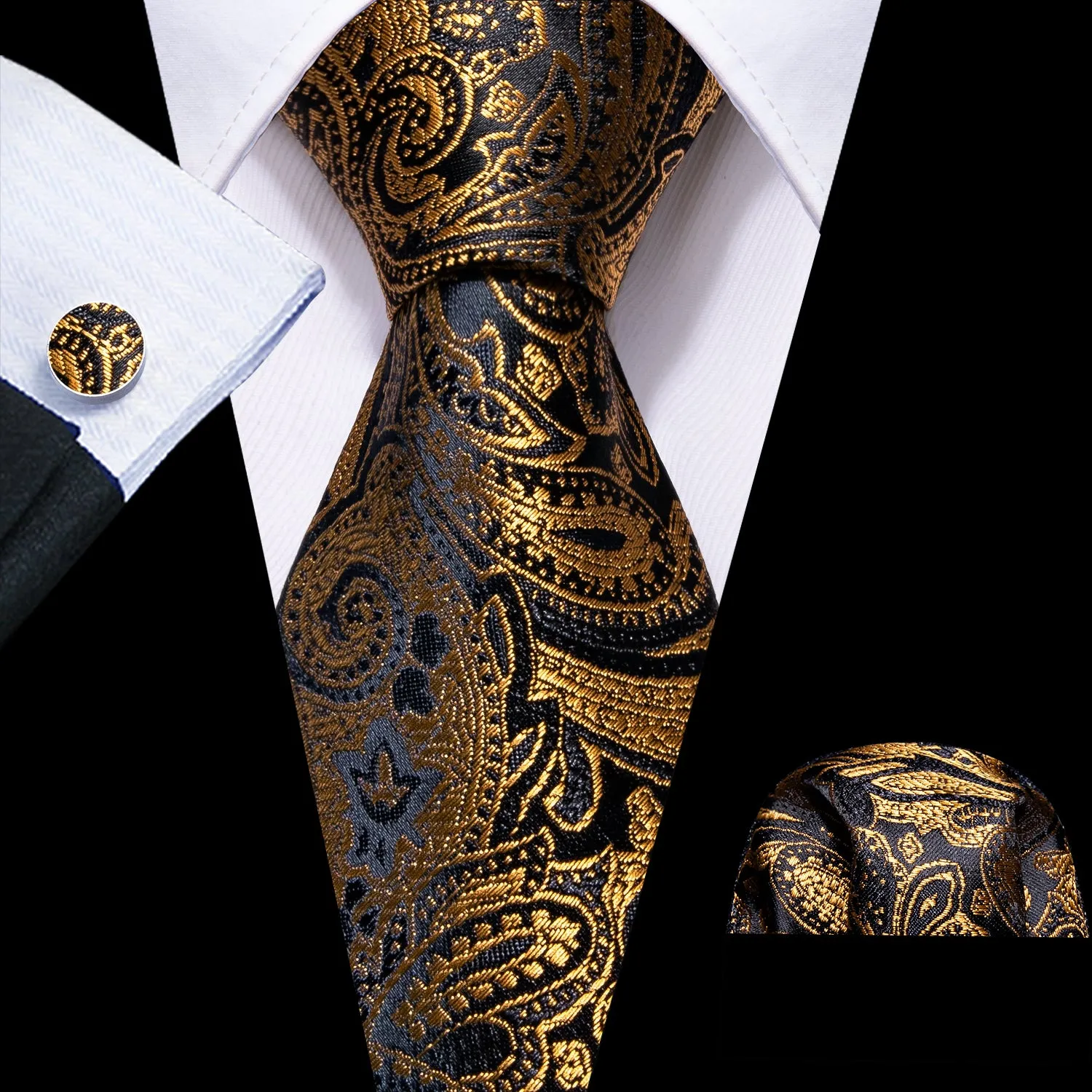 Luxury Black Golden Paisley Men's Tie Pocket Square Cufflinks Set sold by Ties2You