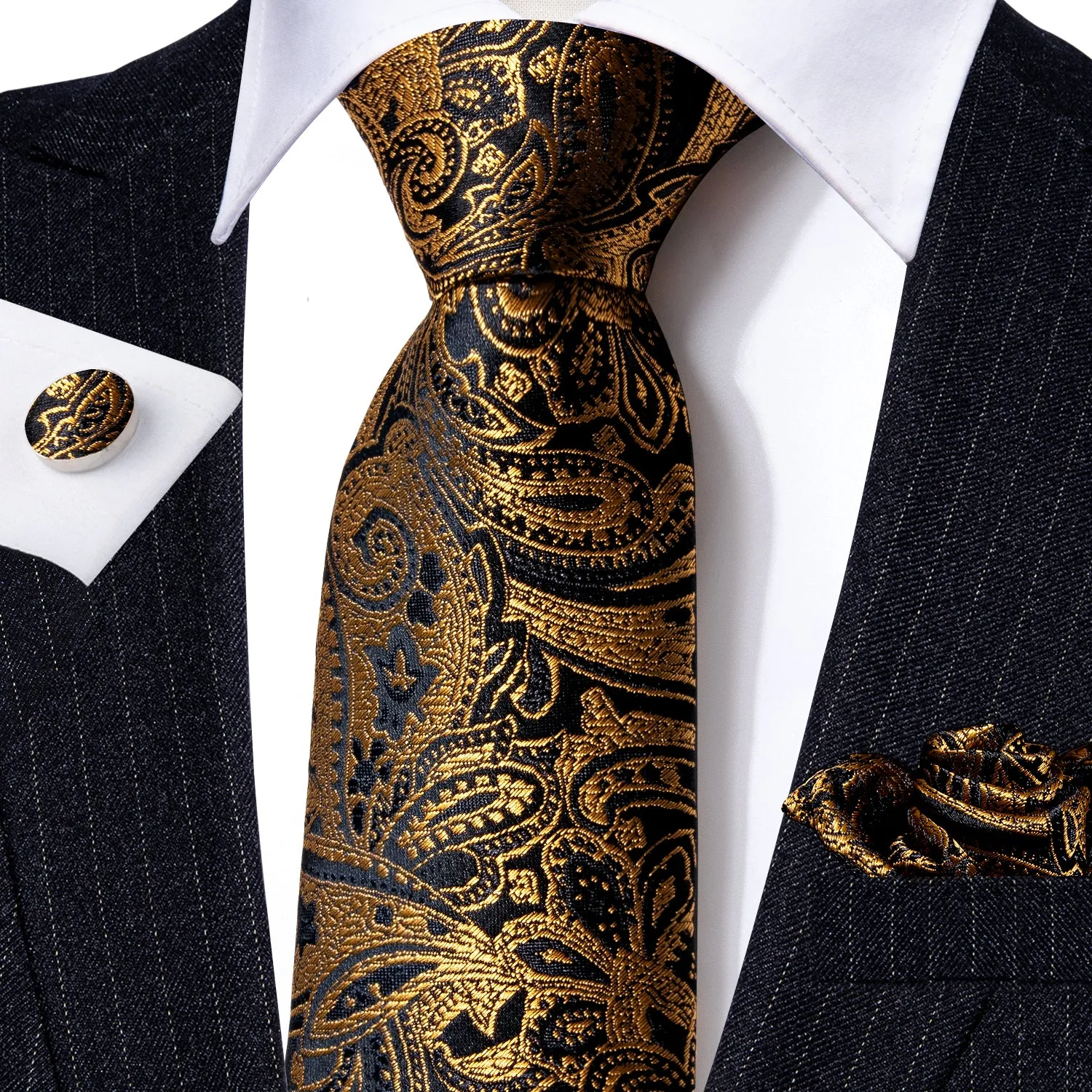 Luxury Black Golden Paisley Men's Tie Pocket Square Cufflinks Set sold by Ties2You product image thumbnail 2