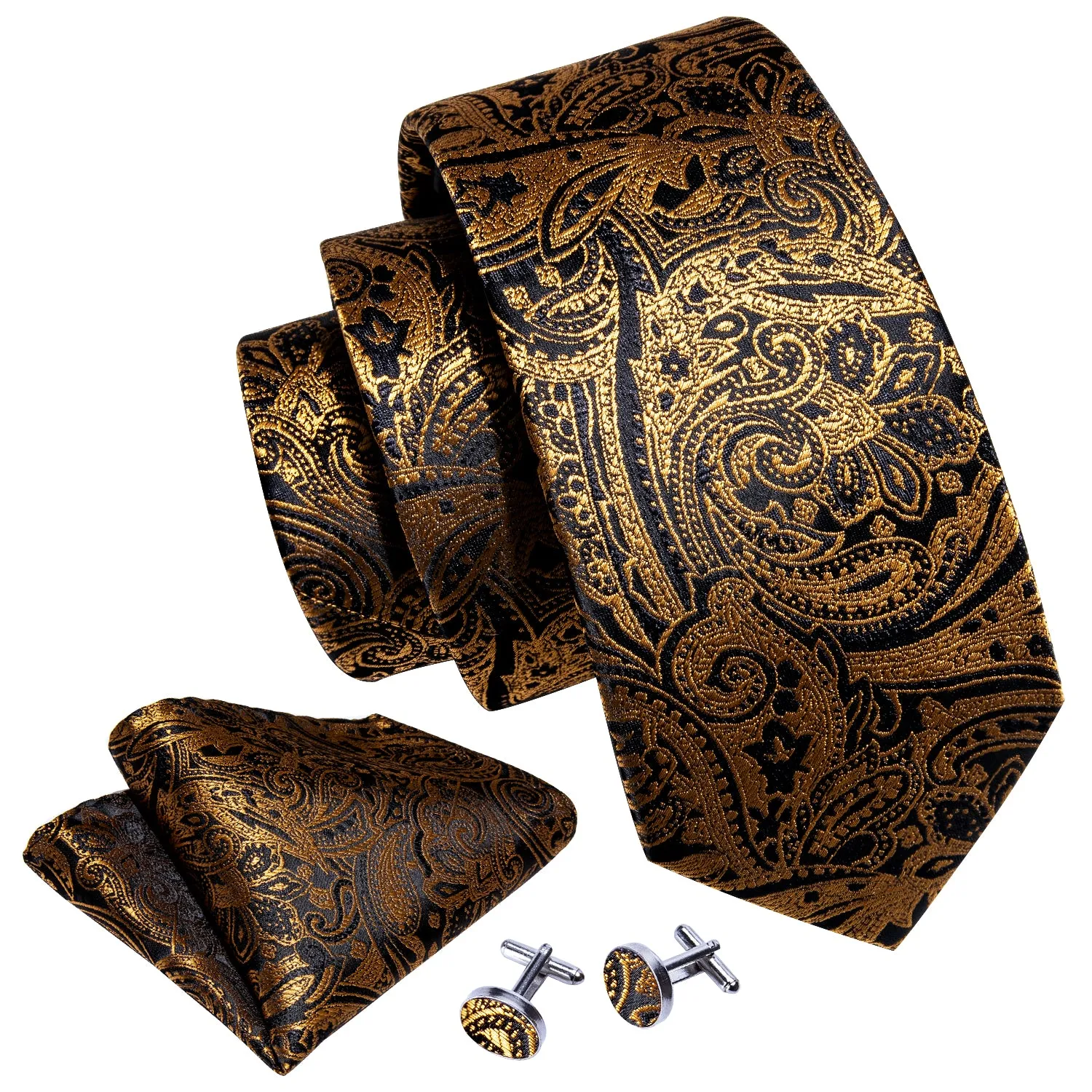 Luxury Black Golden Paisley Men's Tie Pocket Square Cufflinks Set sold by Ties2You product image thumbnail 3
