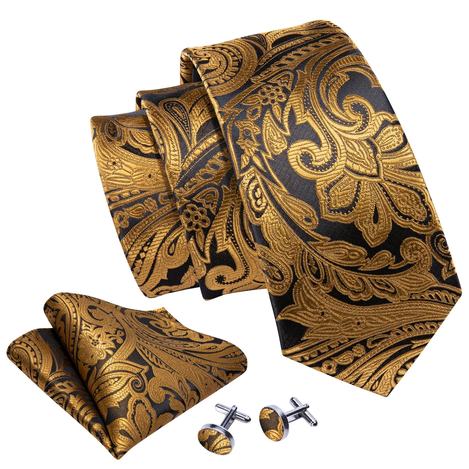 Fashion Black Golden Paisley Silk Men's Necktie Pocket Square Cufflinks Set sold by Ties2You product image thumbnail 5