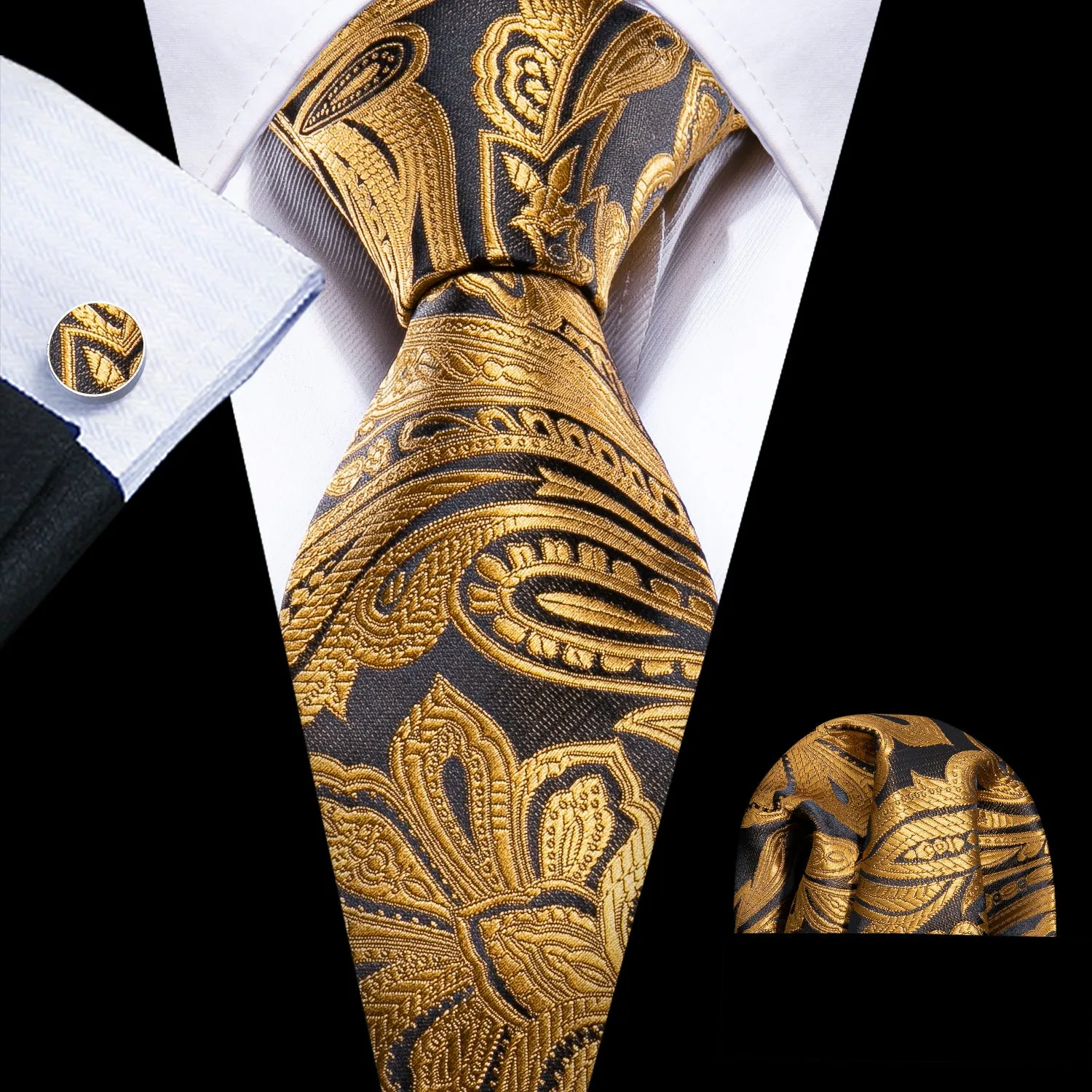 Fashion Black Golden Paisley Silk Men's Necktie Pocket Square Cufflinks Set sold by Ties2You