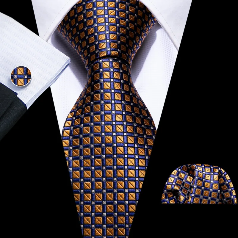Golden Blue Plaid Necktie Pocket Square Cufflinks Set sold by Ties2You