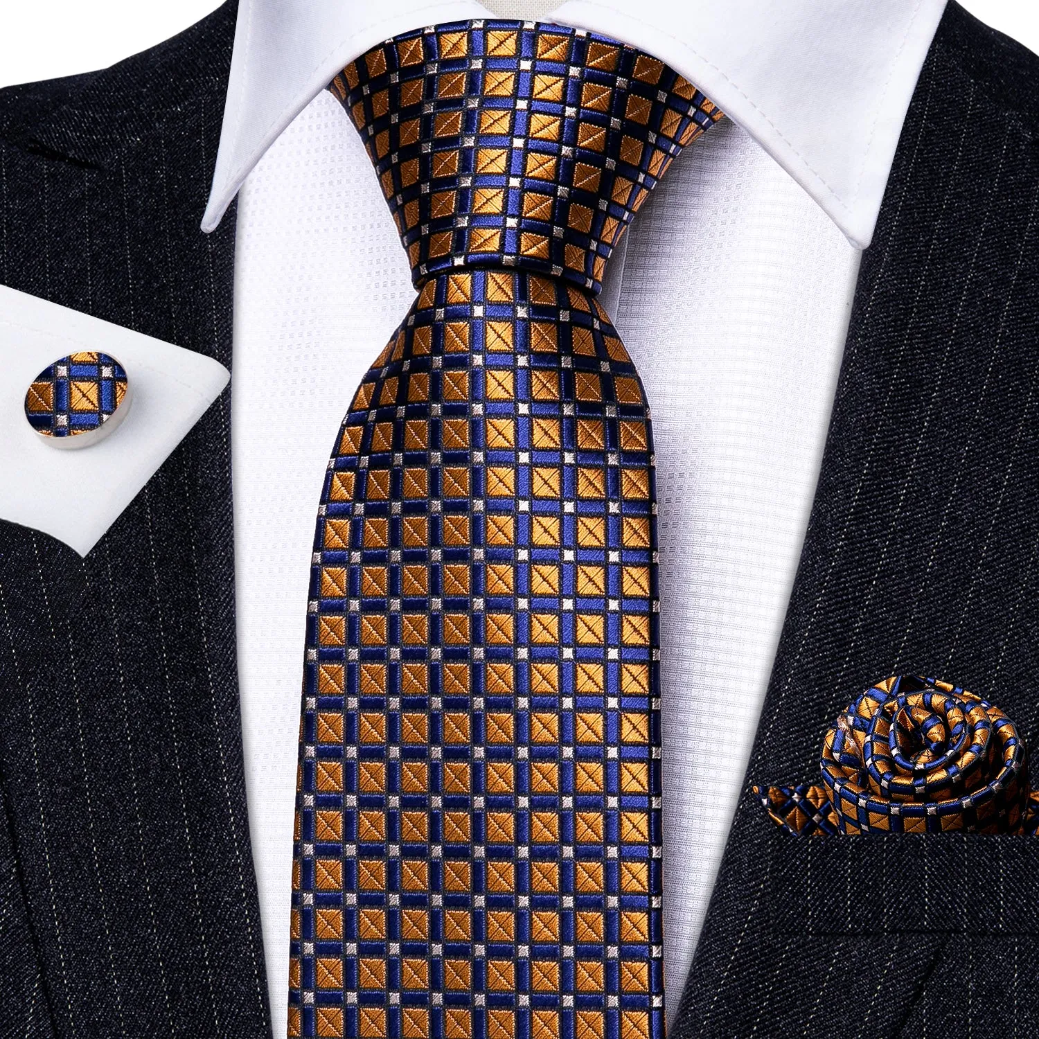 Golden Blue Plaid Necktie Pocket Square Cufflinks Set sold by Ties2You product image thumbnail 2