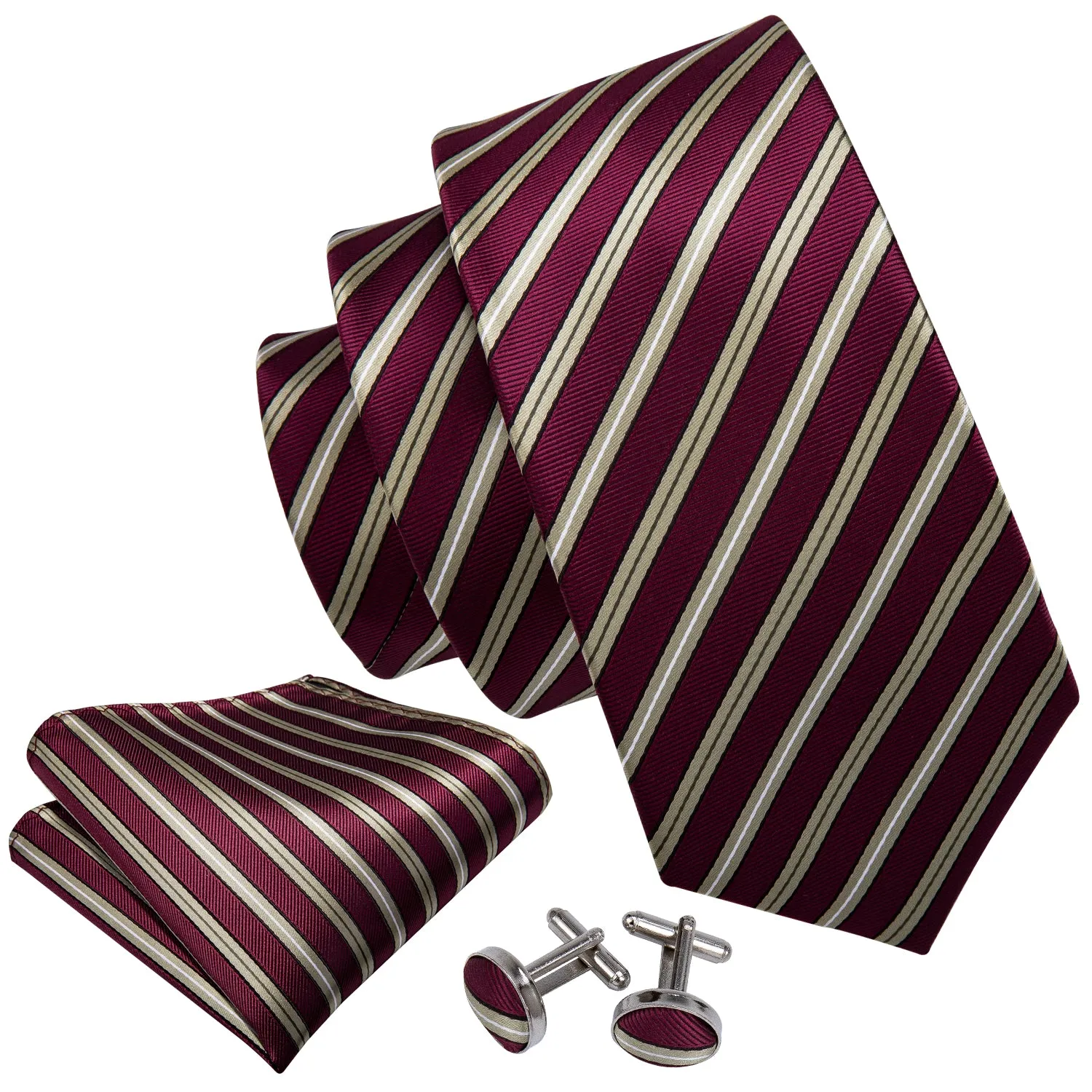 Ties2you Burgundy Tie Beige Striped Men's Silk Tie Hanky Cufflinks Set sold by Ties2You product image thumbnail 3
